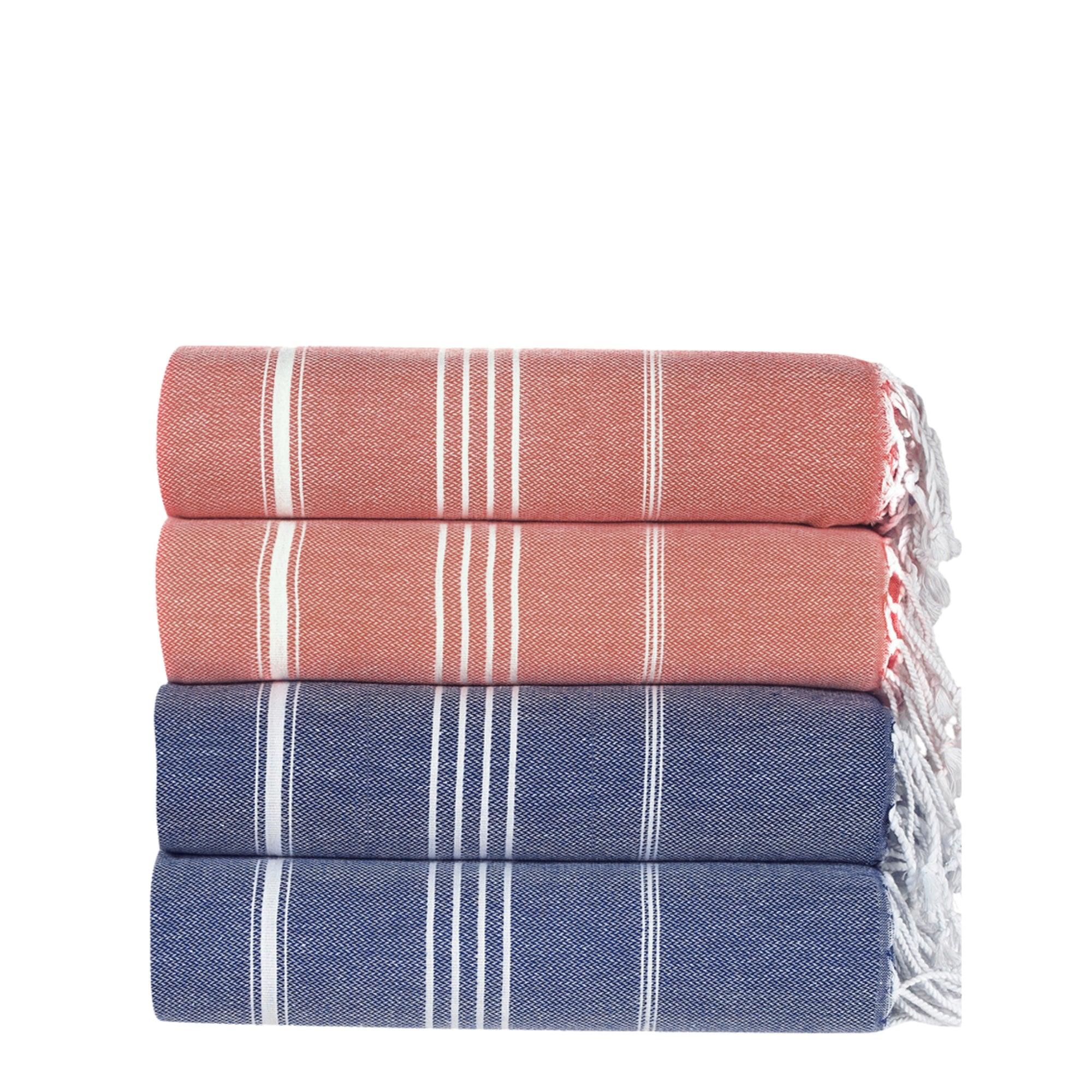 Premium Turkish Cotton Beach Towel Sultan ( Set of 4 Piece ) Dark Coral - Blue - Sul-Pest-285-95175-4S-DC-BL - Arconiz