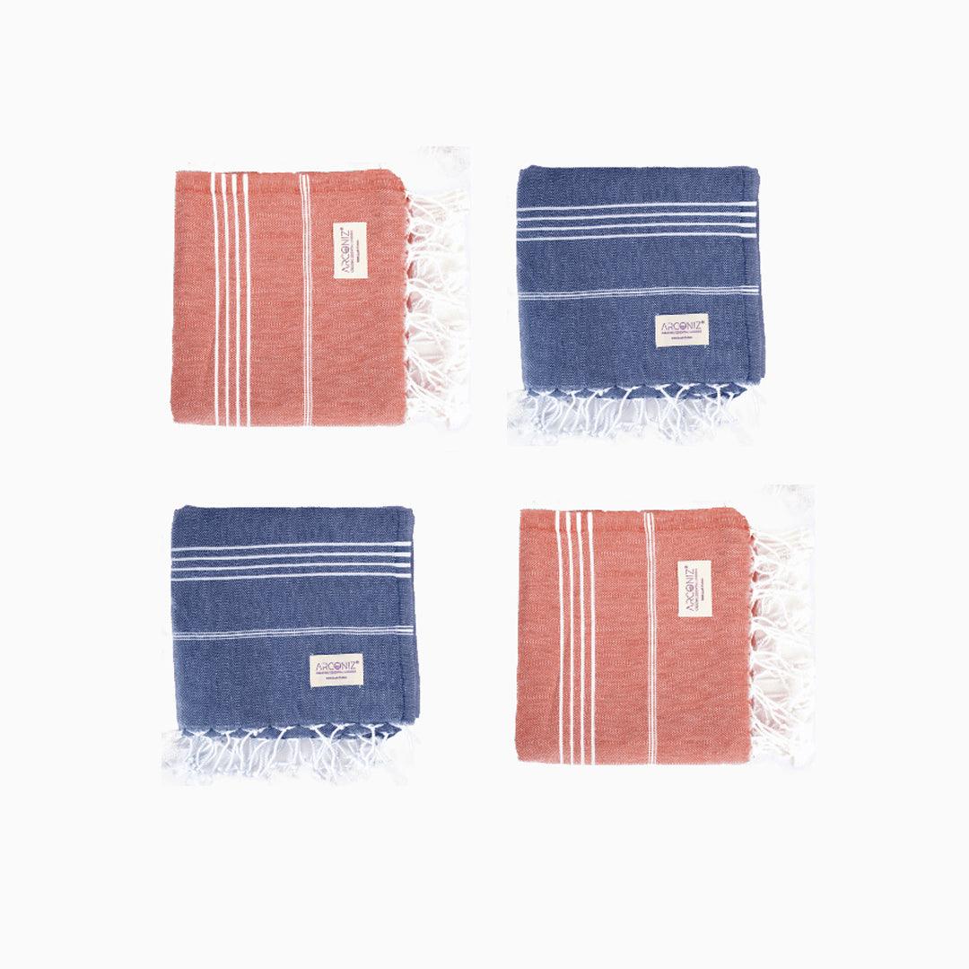Premium Turkish Cotton Beach Towel Sultan ( Set of 4 Piece ) Dark Coral - Blue - Sul-Pest-285-95175-4S-DC-BL - Arconiz