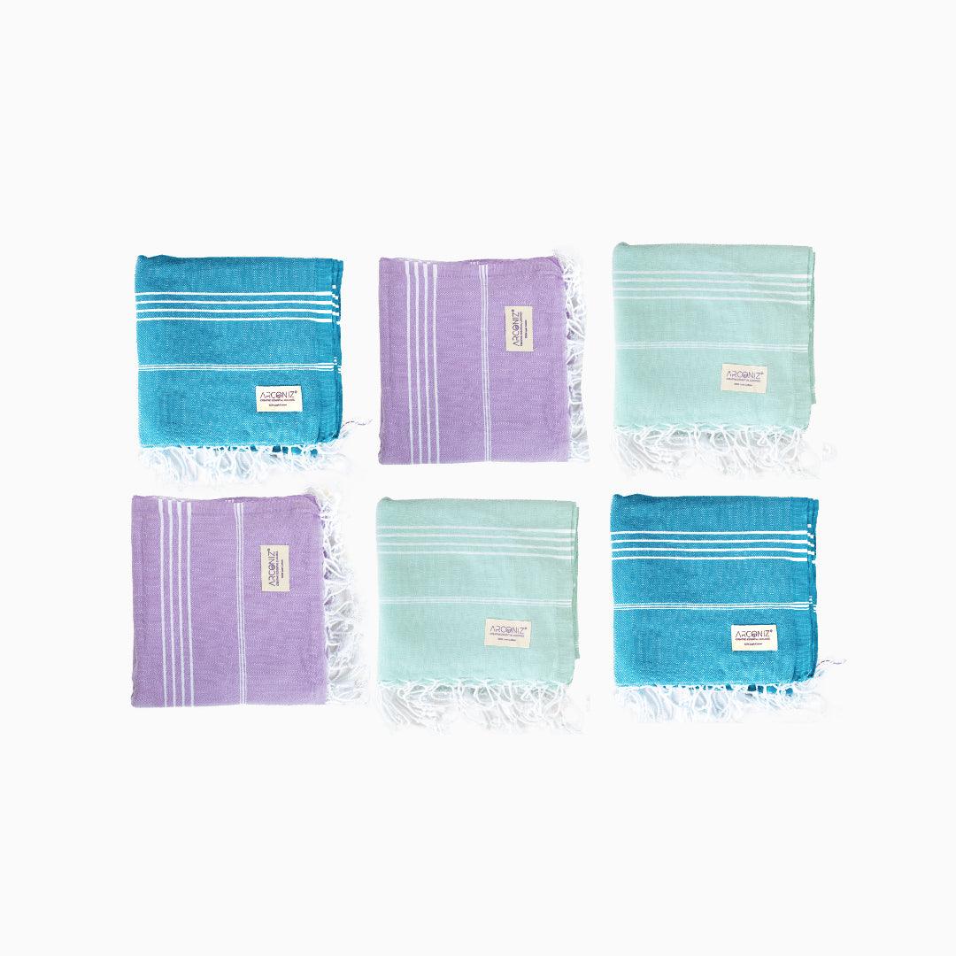 Premium Turkish Cotton Beach Towel Sultan ( Set of 6 Piece ) Aqua - Turquoise - Purple - Sul-Pest-285-95175-6S-AQ-TQ-LL - Arconiz
