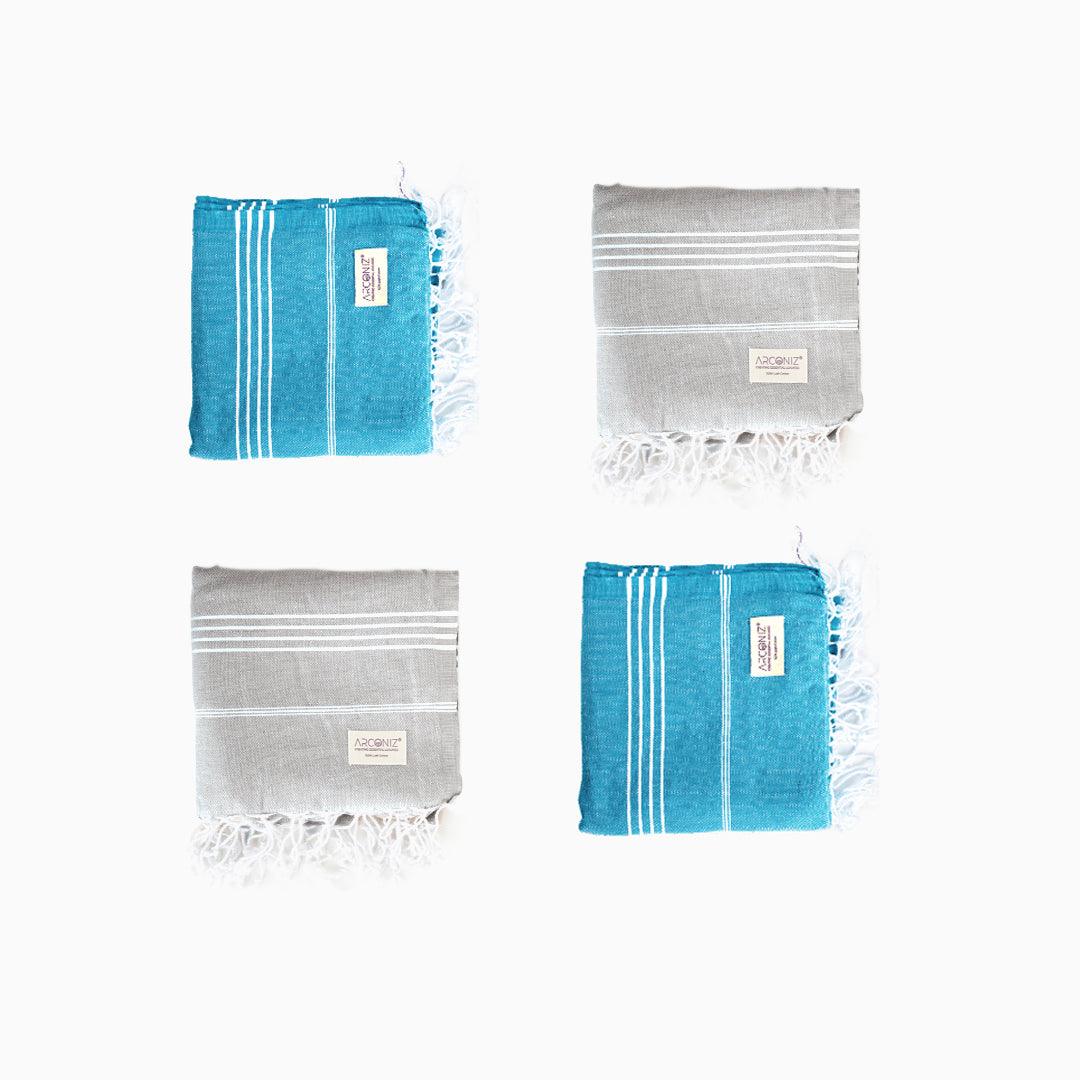 Premium Turkish Cotton Beach Towel Sultan ( Set of 4 Piece ) Turquoise - Light Grey - Sul-Pest-285-95175-4S-TQ-LG - Arconiz