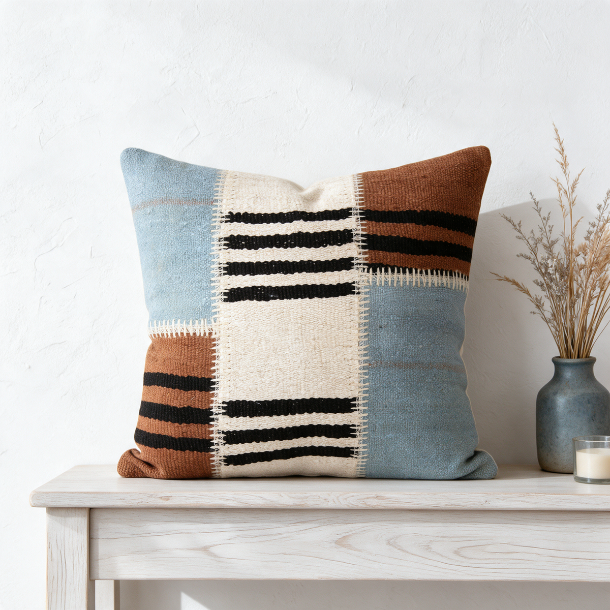 Blue Boho Patchwork Pillow Cover 20x20 - console - M-0004