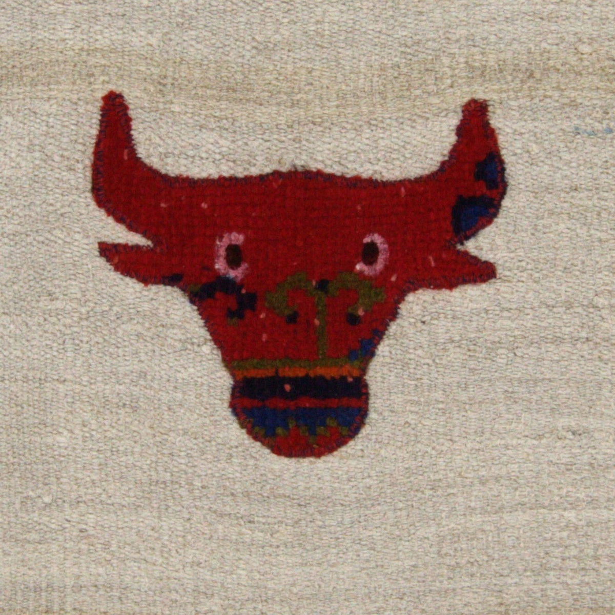 Close-up of the hemp applique weave - Red & Cream bull pillow cover - PC-BUL-RED-5050-017 - Arconiz