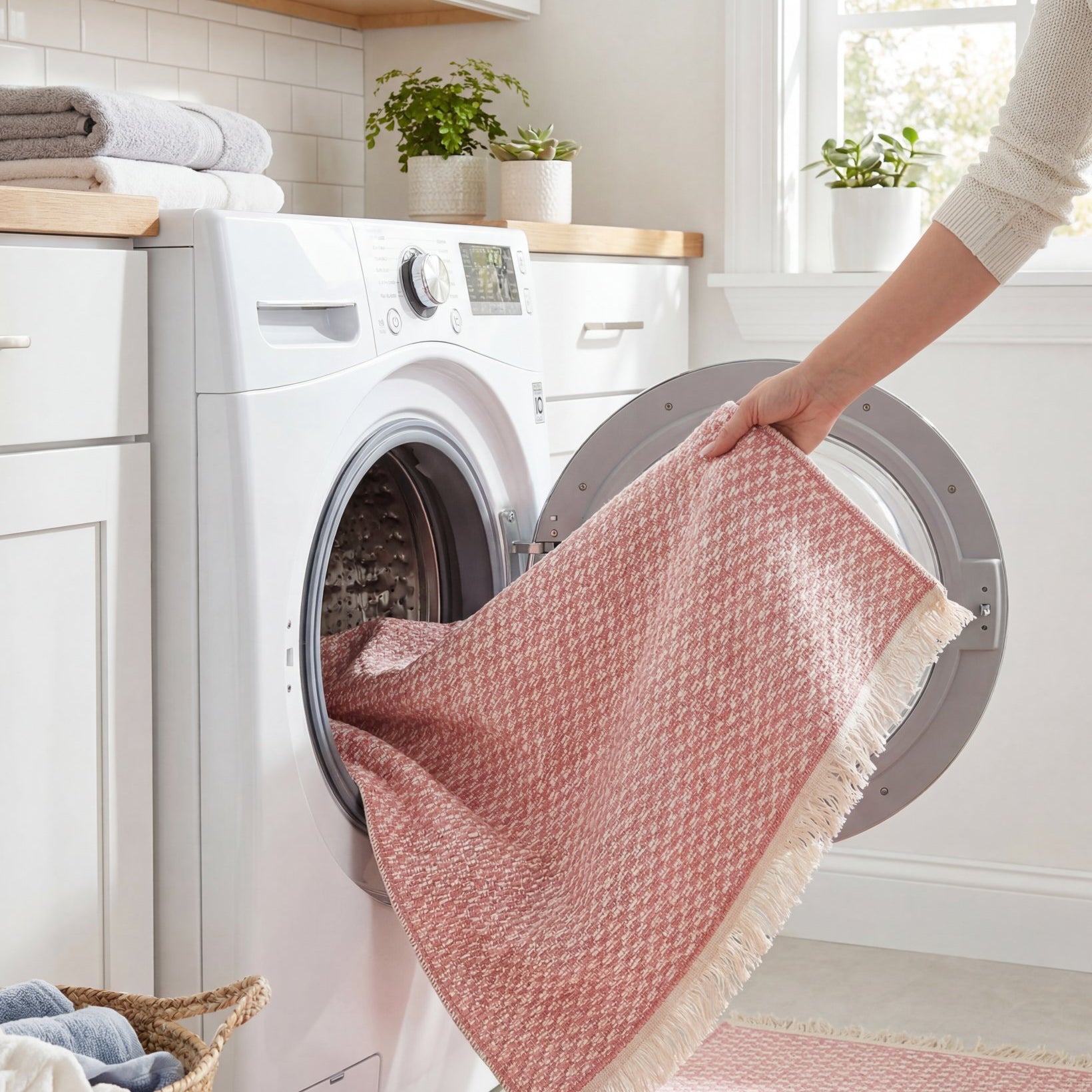 Pink washable runner rug being loaded into a home washing machine