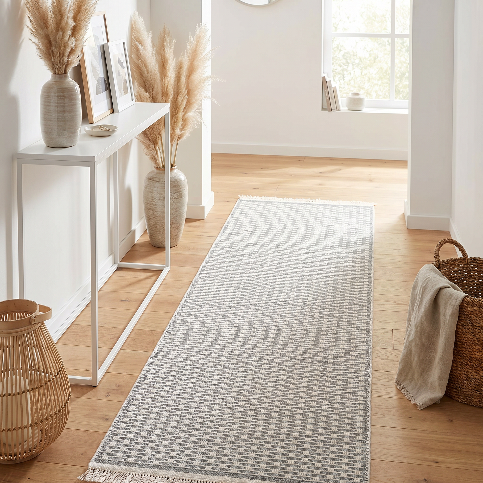 Light gray geometric check washable runner rug styled in a modern hallway