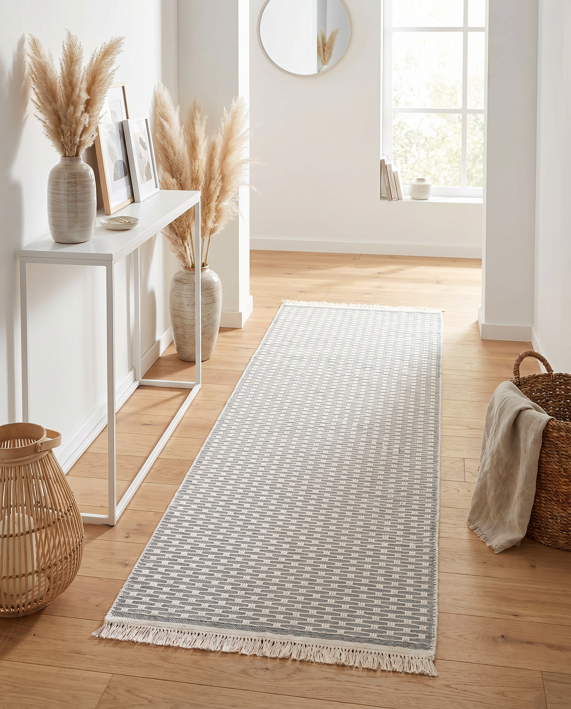 Light gray geometric check washable runner rug styled in a modern hallway