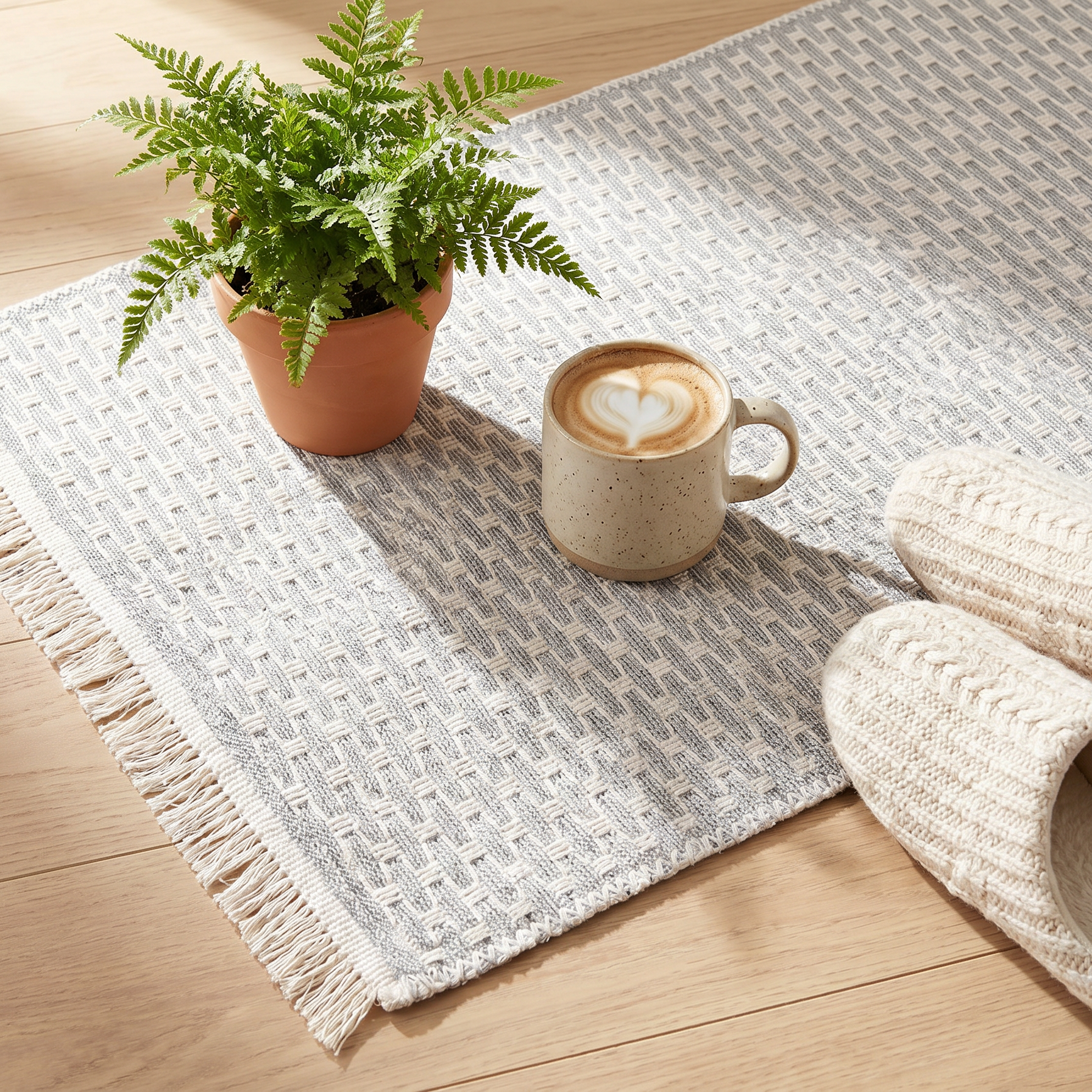 Overhead styled flat lay of the light gray geometric check runner rug with home decor