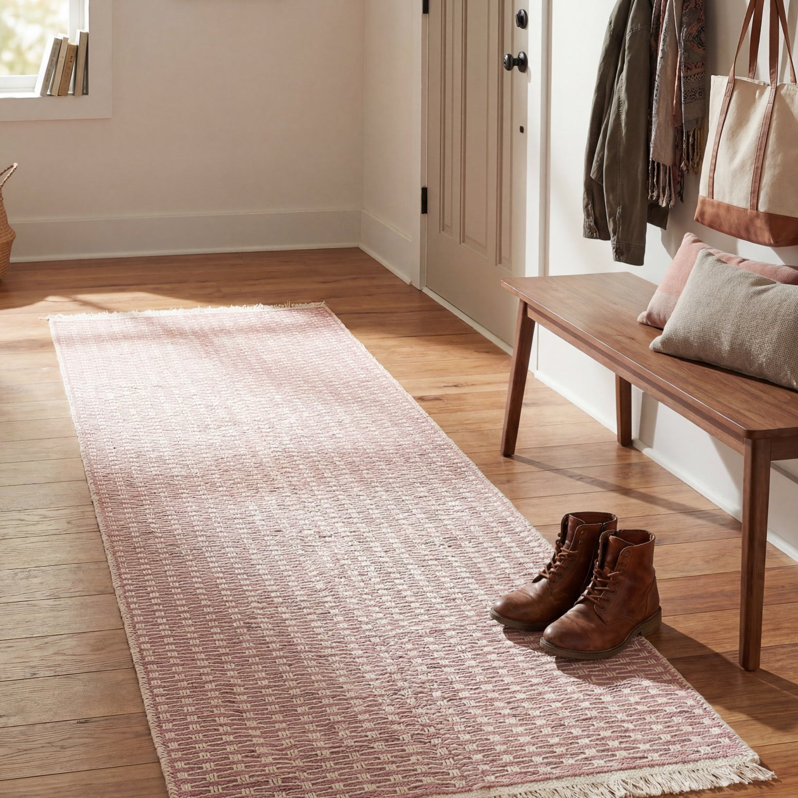 Pink geometric check washable runner rug in a home entryway by the front door