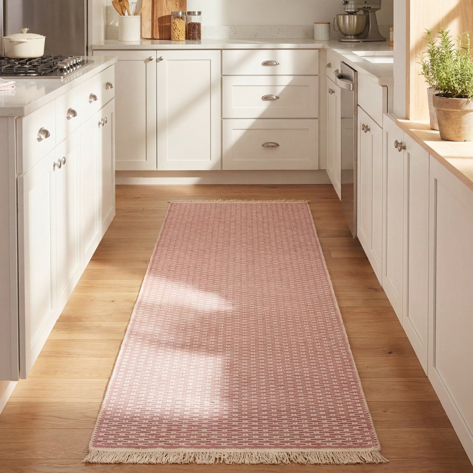 Pink geometric check washable runner rug on wood floor in a modern kitchen