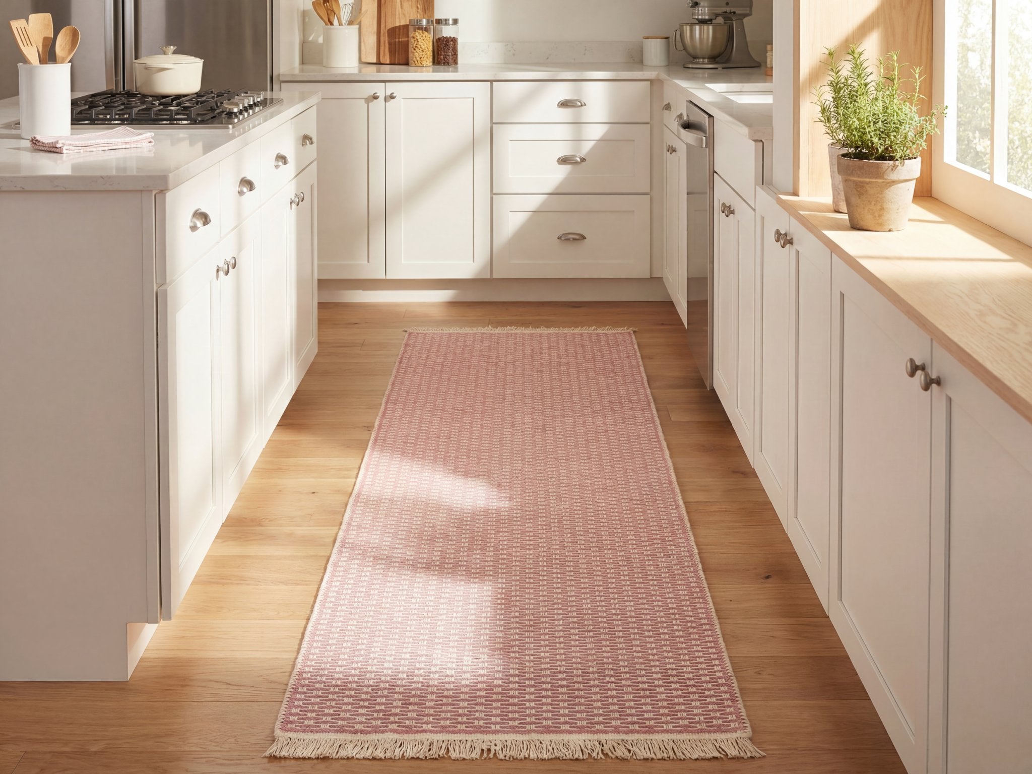 Pink geometric check washable runner rug on wood floor in a modern kitchen