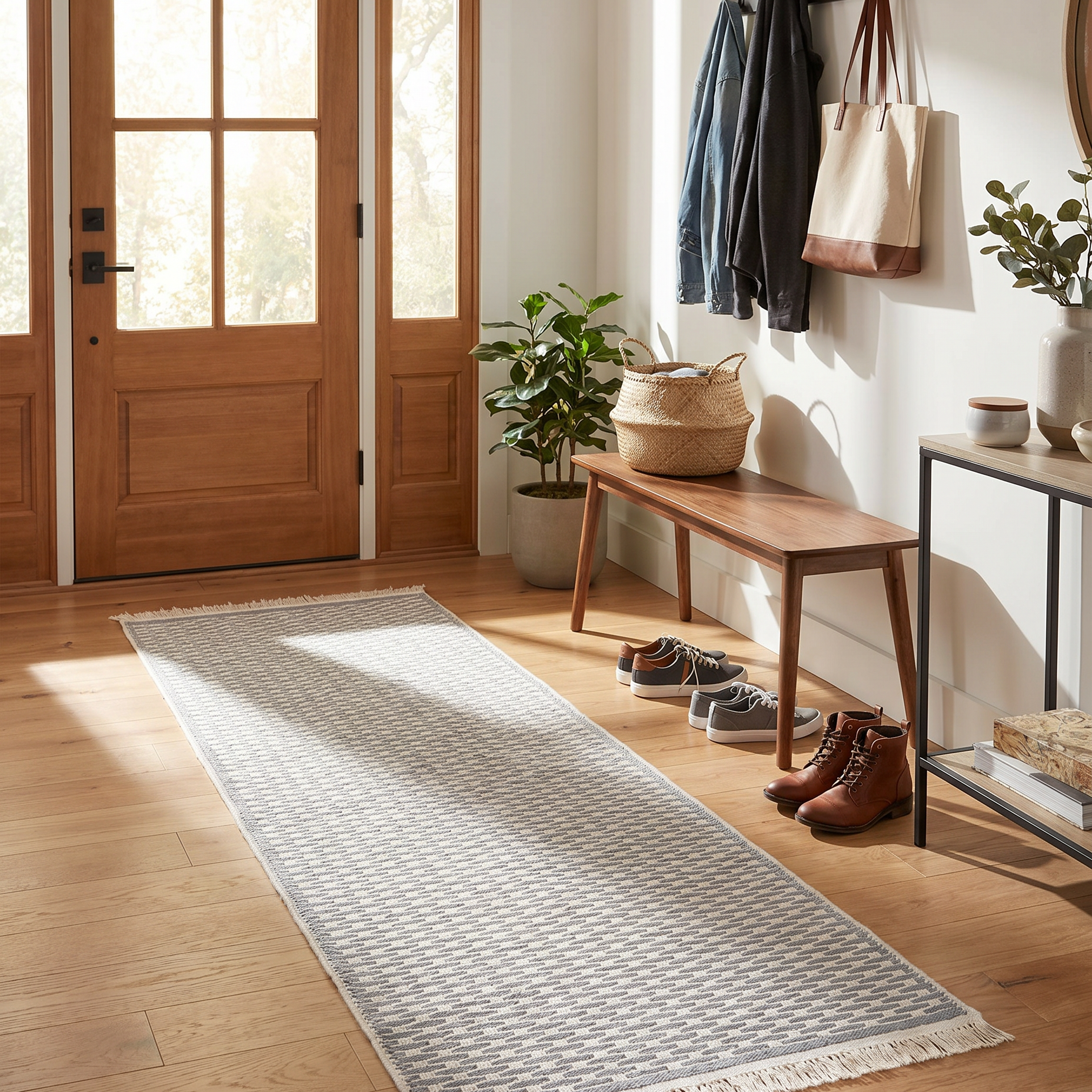 Light gray geometric check washable runner rug in a home entryway by the front door