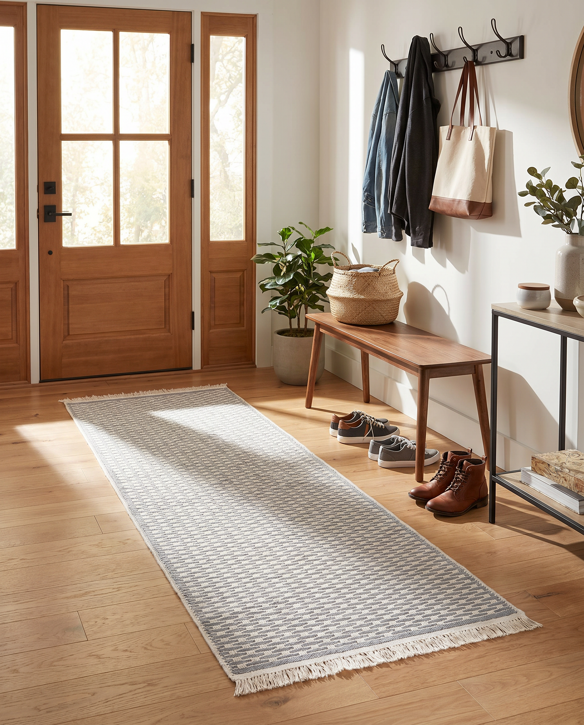 Light gray geometric check washable runner rug in a home entryway by the front door
