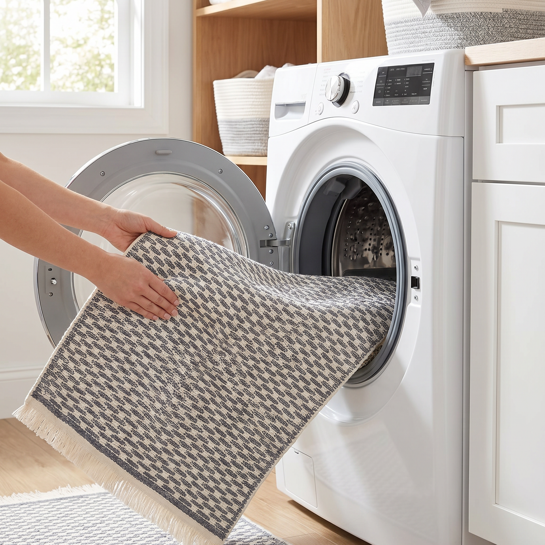 Light gray washable runner rug being loaded into a home washing machine
