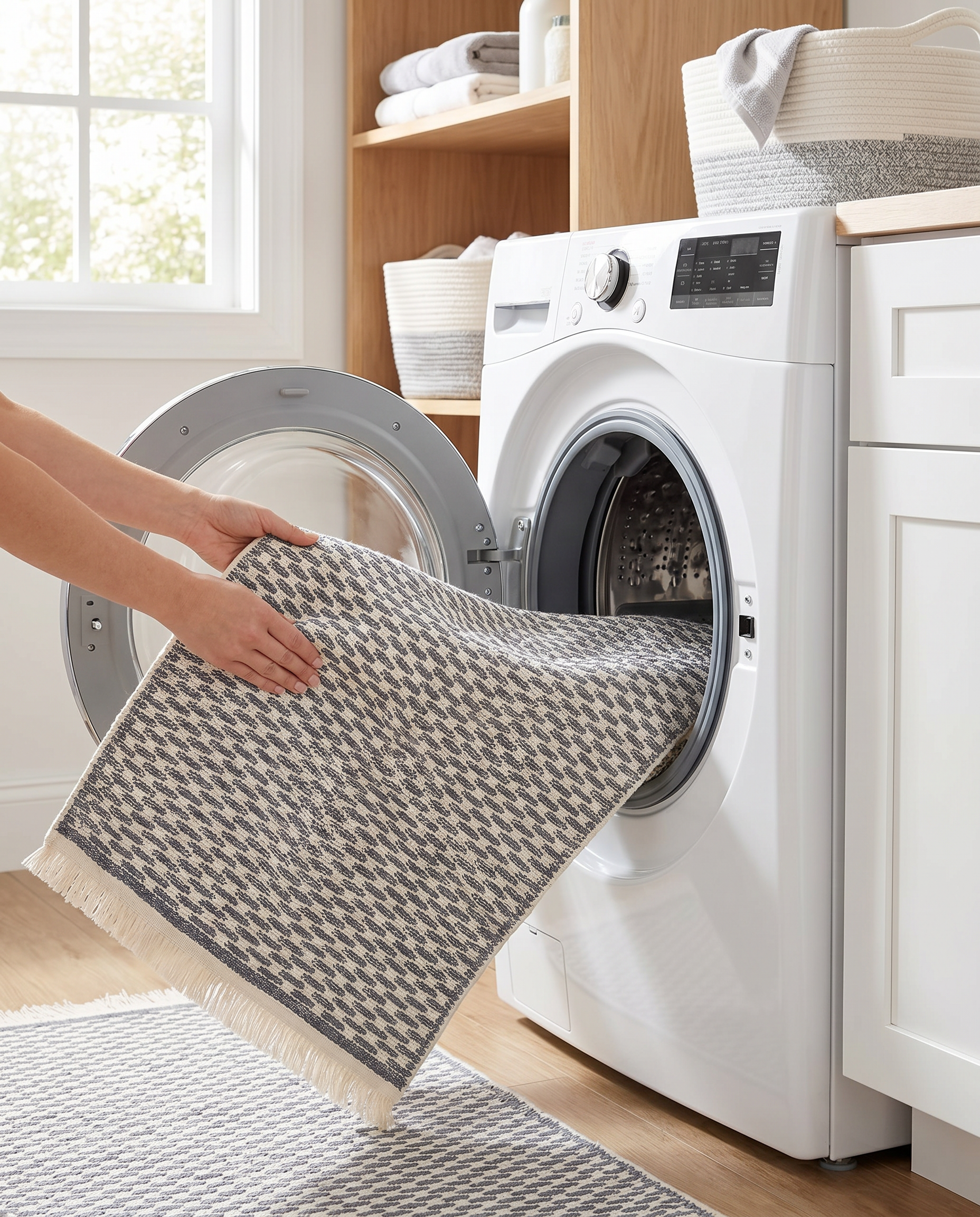 Light gray washable runner rug being loaded into a home washing machine