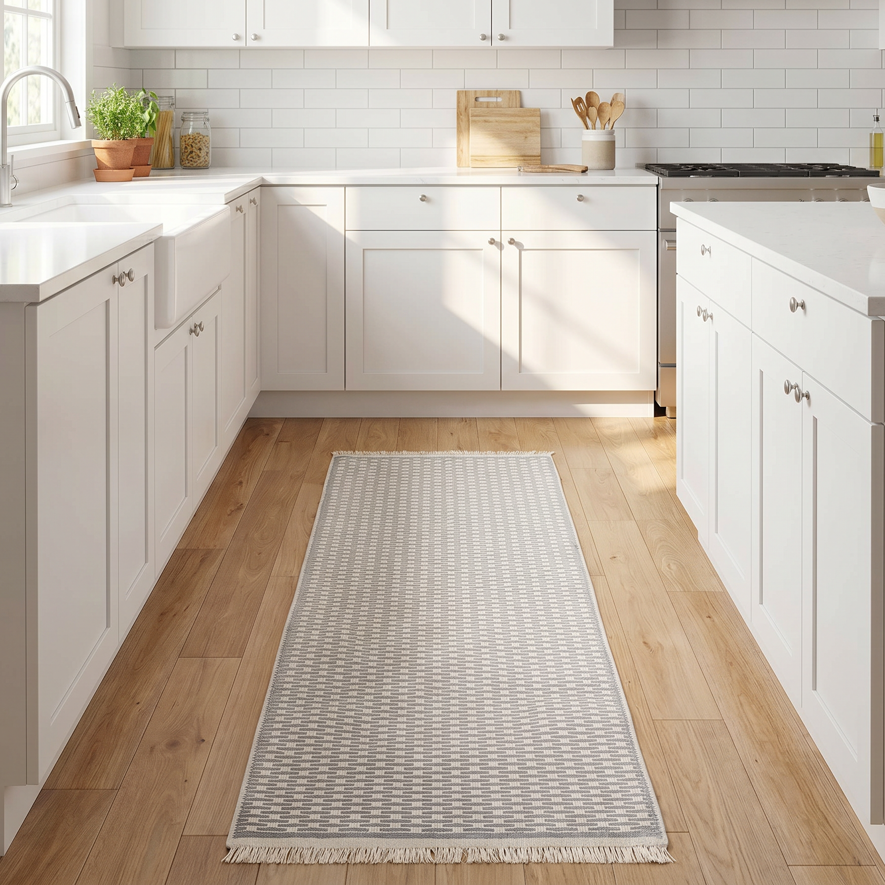 Light gray geometric check washable runner rug on wood floor in a modern kitchen