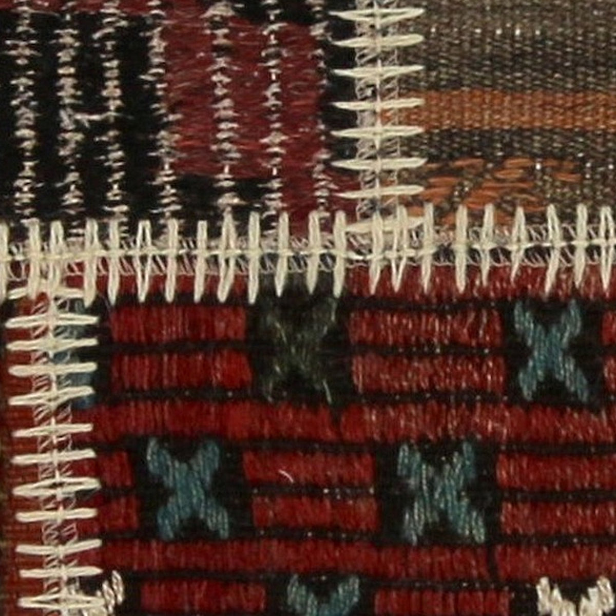Close-up of the handwoven kilim weave - Red, Teal & Black Kilim Patchwork on Multicolor - WA-PCH-RED-8855-006 - Arconiz