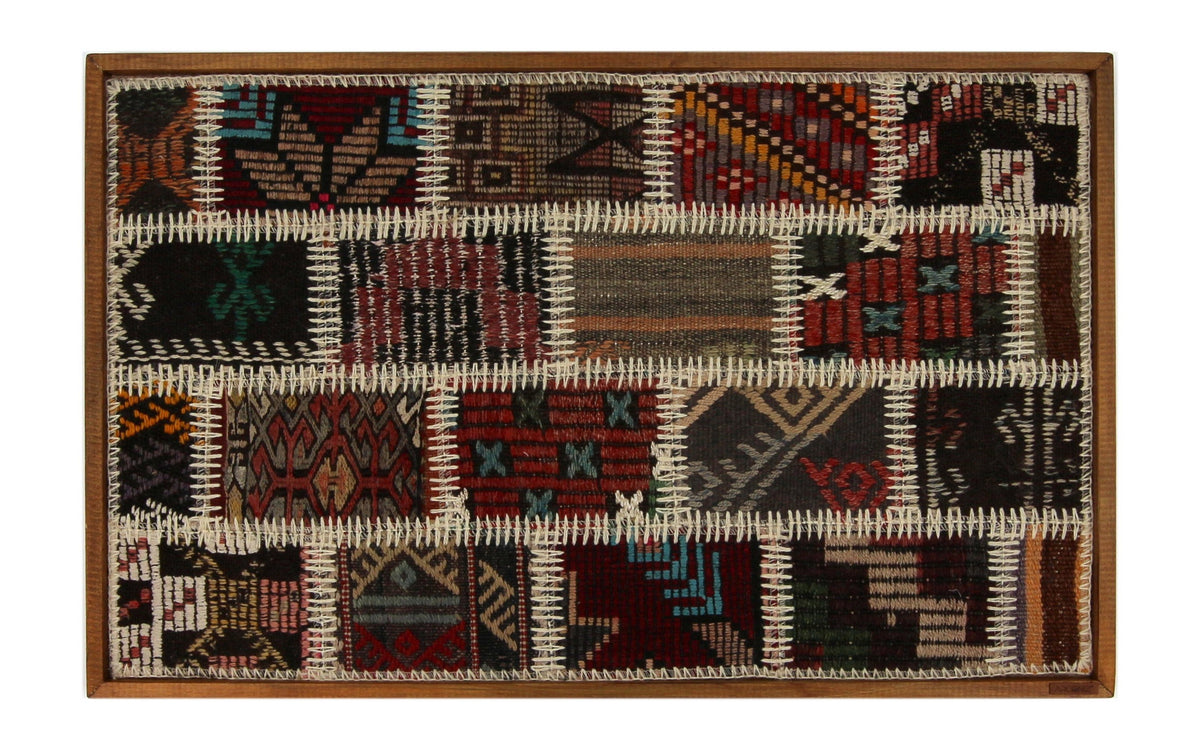 Red, Teal & Black Kilim Patchwork woven wall art 35" x 22" - WA-PCH-RED-8855-006 - Arconiz