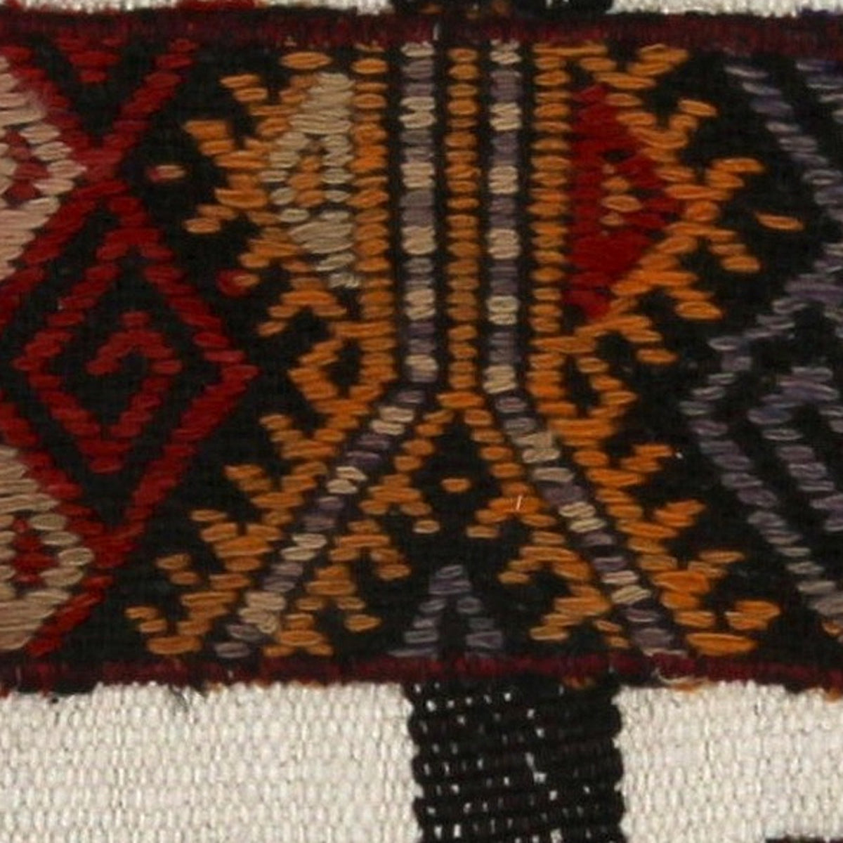 Close-up of the handwoven kilim weave - Red & Ochre Kilim Panel on Cream & Black Stripe - WA-PNL-RED-4545-008 - Arconiz