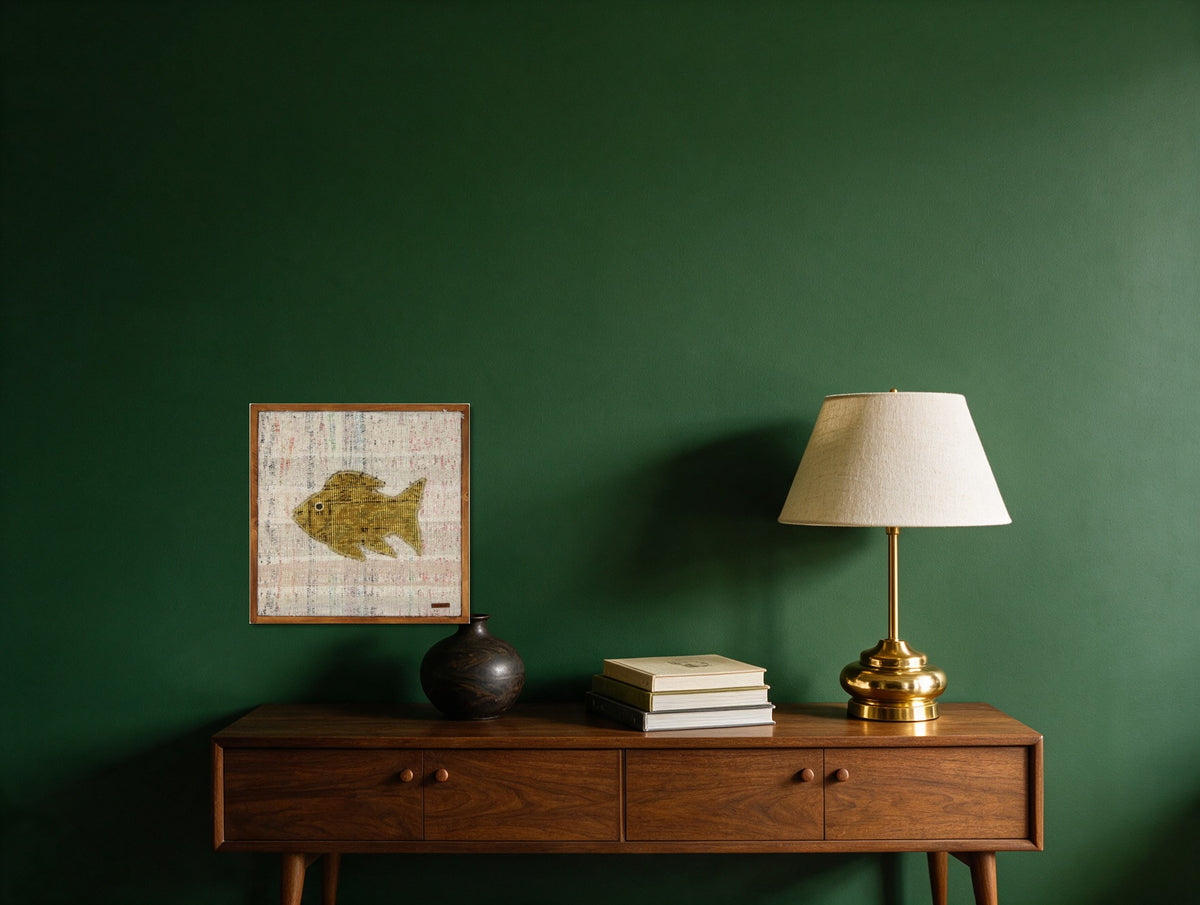 Gold Ochre Kilim Fish on Cream Fleck woven wall art in a second styled room setting, for scale - WA-FSH-GOL-5050-015