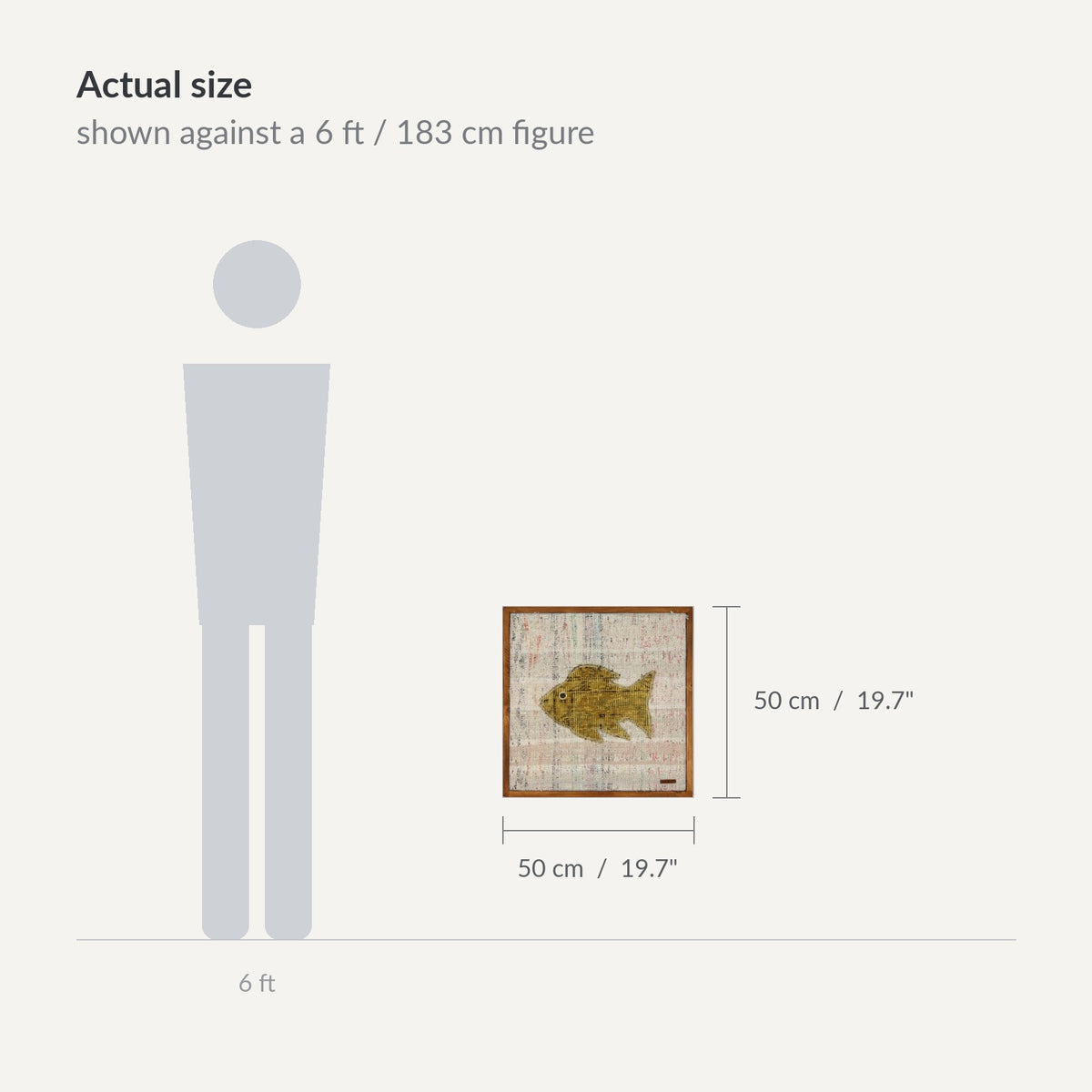 Size guide: 20" x 20" shown against a 6 ft / 183 cm figure - WA-FSH-GOL-5050-015