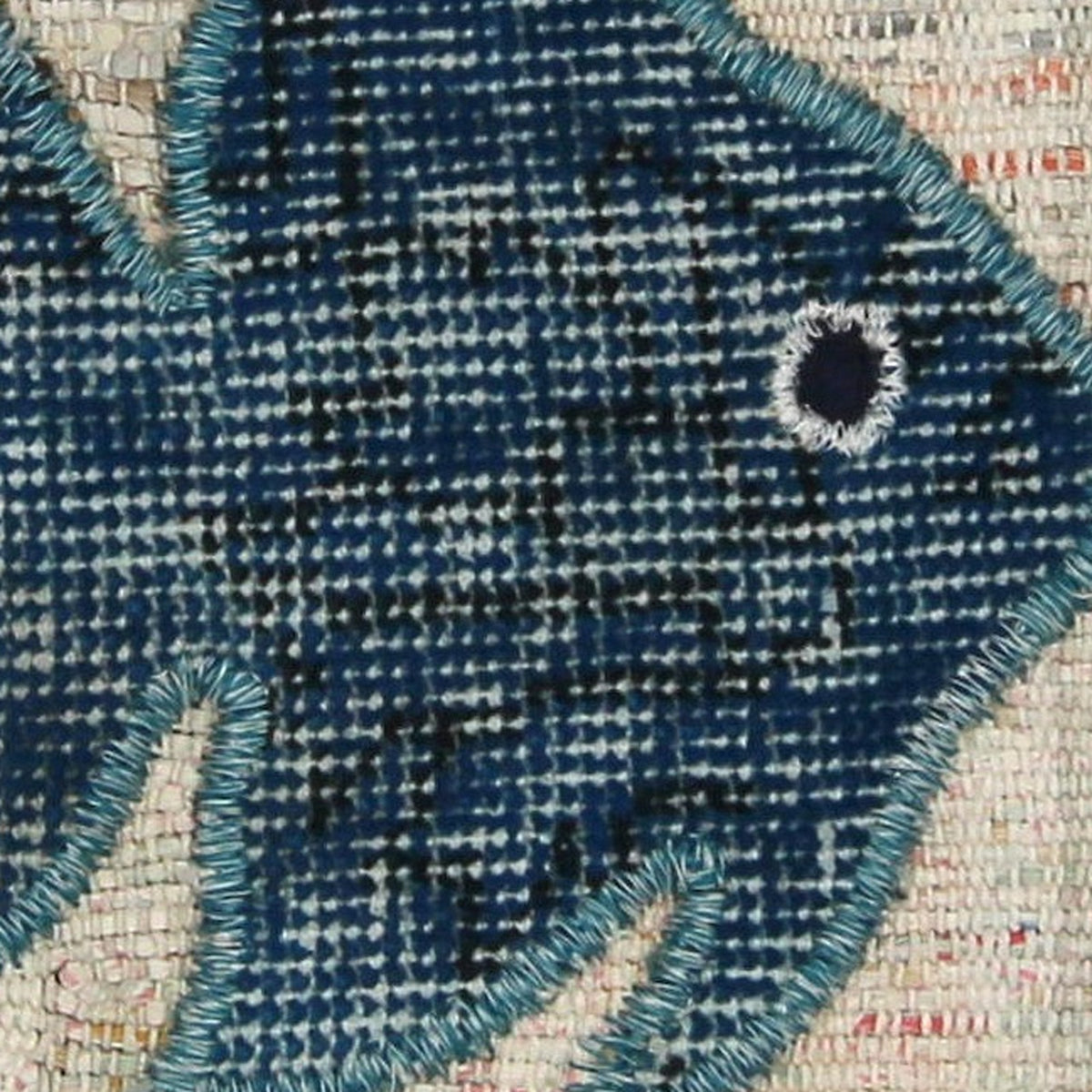 Close-up of the handwoven kilim weave - Teal Kilim Fish on Pale Grey Stripe - WA-FSH-TEA-5050-018 - Arconiz