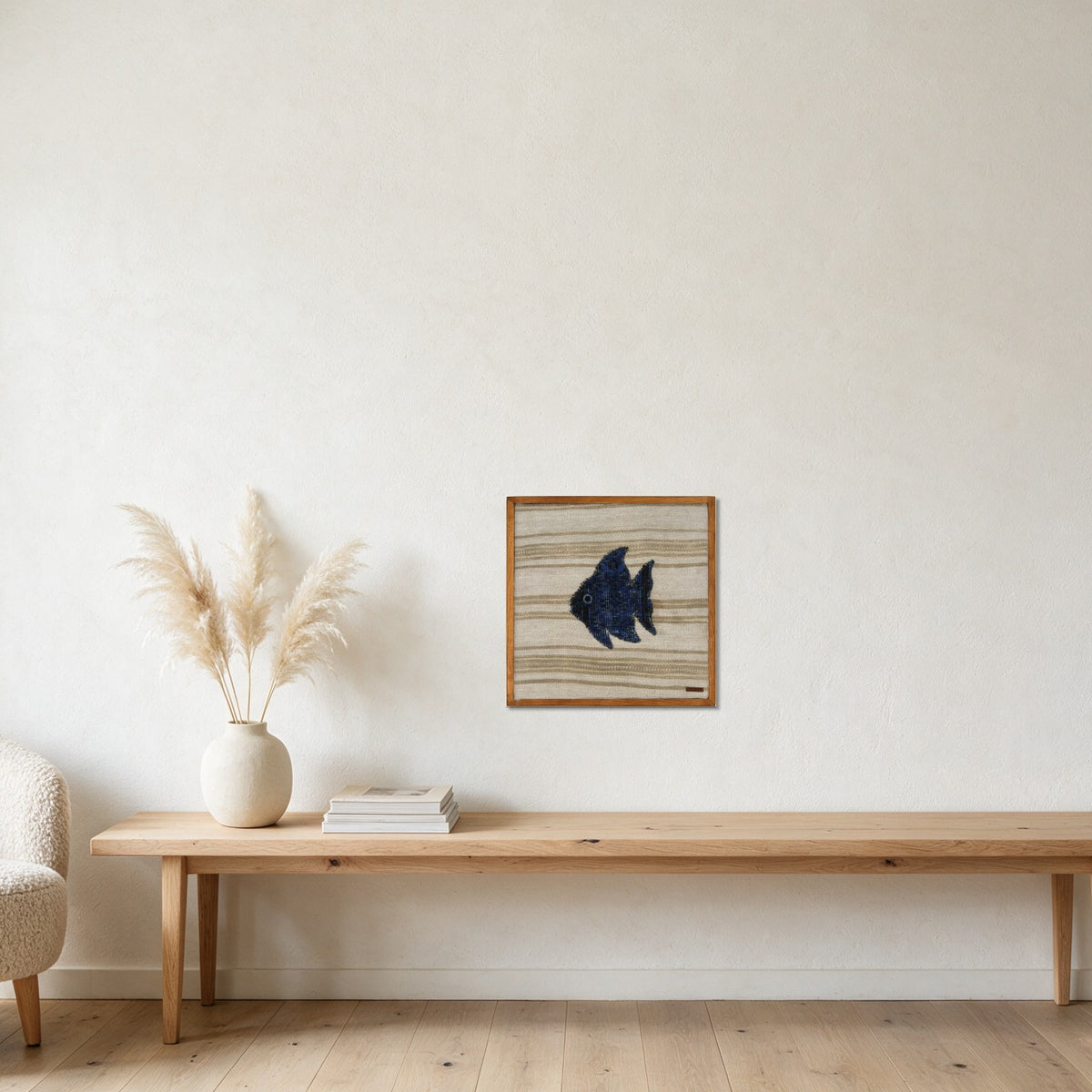 Indigo Kilim Fish on Cream & Caramel Stripe woven wall art in a second styled room setting, for scale - WA-FSH-IND-5050-020