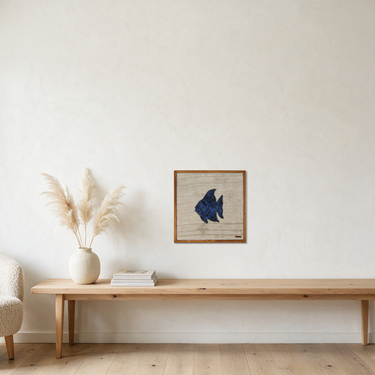 Indigo Kilim Fish on Warm Oatmeal woven wall art in a second styled room setting, for scale - WA-FSH-IND-5050-022