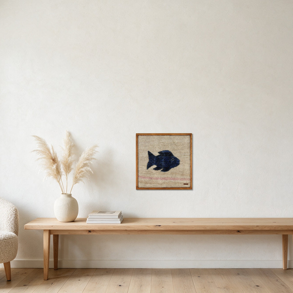 Navy Kilim Fish on Oatmeal & Rose woven wall art in a second styled room setting, for scale - WA-FSH-NAV-5050-024