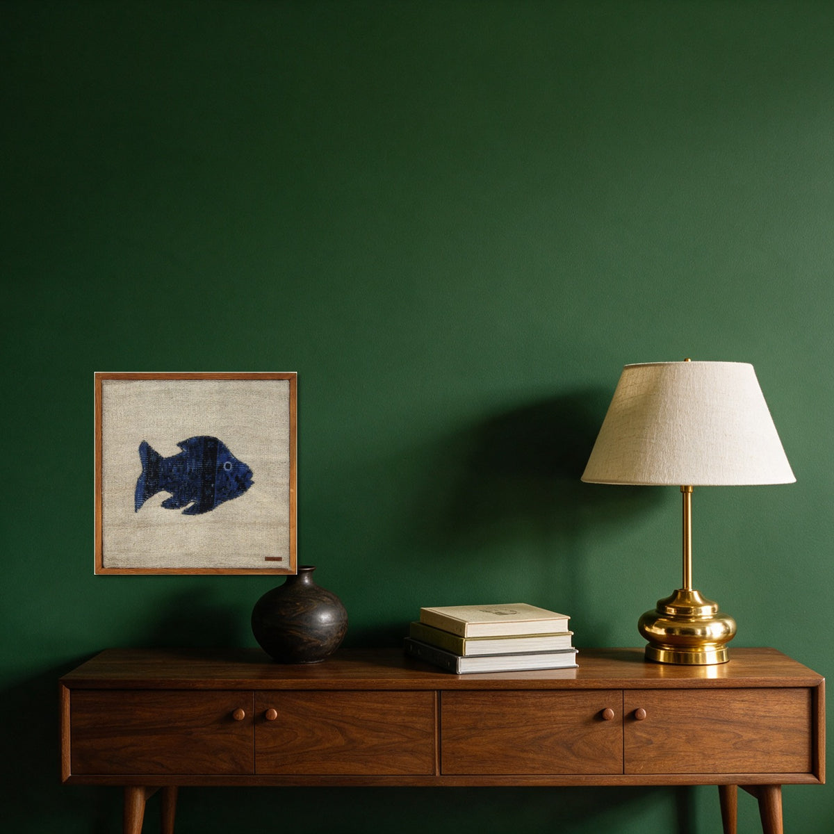 Cobalt Blue Kilim Fish on Oatmeal woven wall art in a second styled room setting, for scale - WA-FSH-COB-5050-025