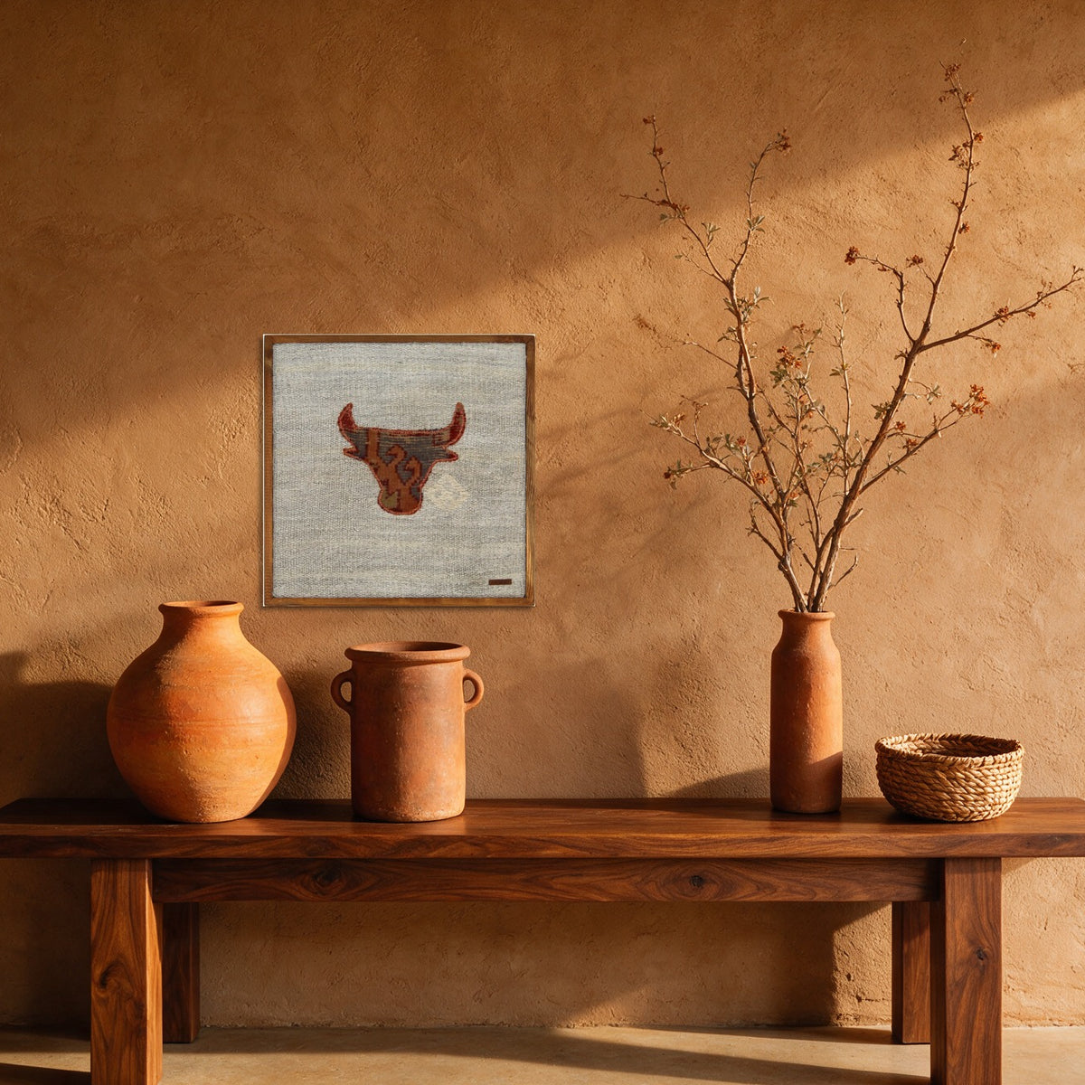 Rust Kilim Bull on Pale Sage woven wall art in a second styled room setting, for scale - WA-BUL-RUS-5050-026