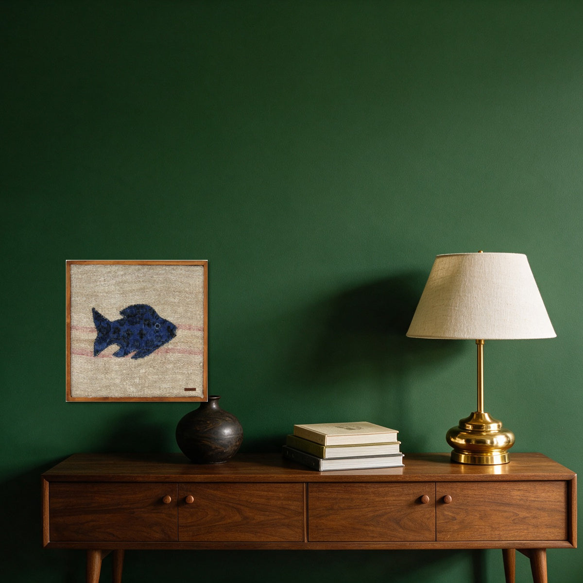Cobalt Blue Kilim Fish on Oatmeal & Rose woven wall art in a second styled room setting, for scale - WA-FSH-COB-5050-027