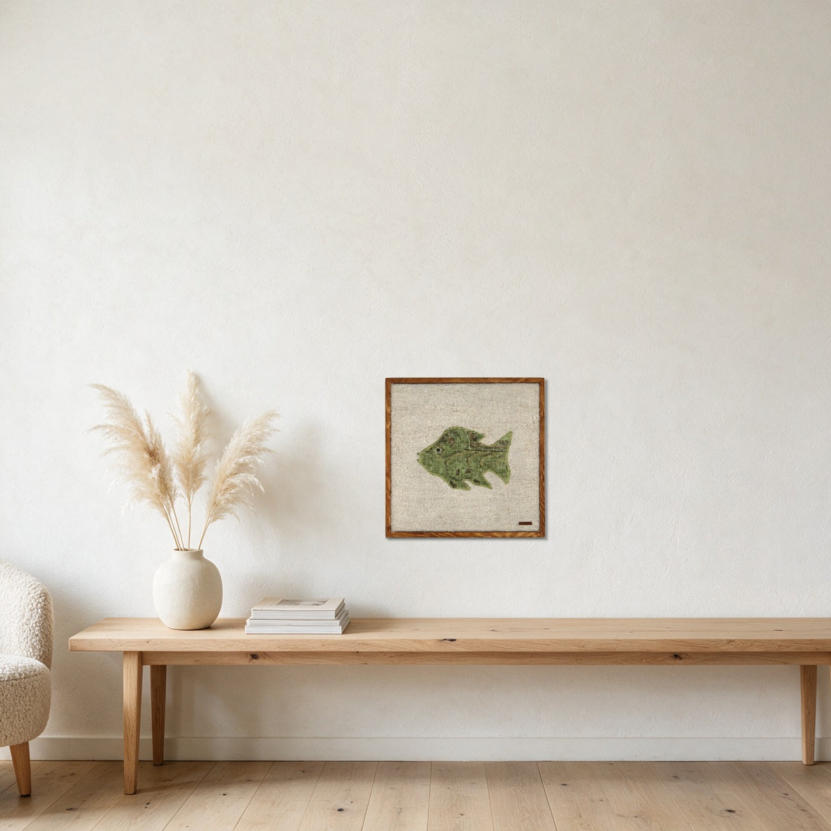 Olive Green Kilim Fish on Cream woven wall art in a second styled room setting, for scale - WA-FSH-OLI-5050-028