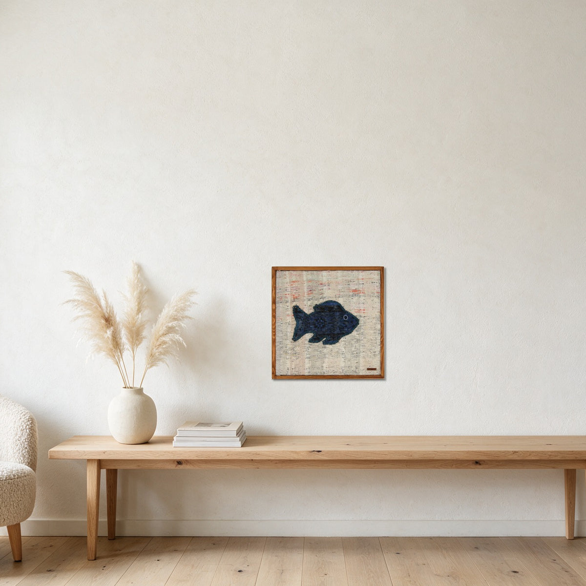 Navy Kilim Fish on Cream Fleck woven wall art in a second styled room setting, for scale - WA-FSH-NAV-5050-030