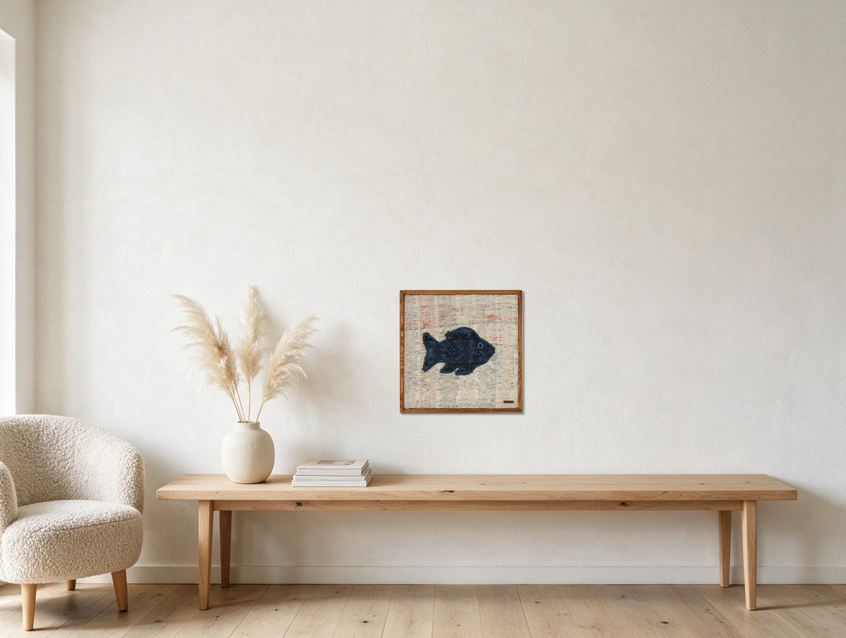 Navy Kilim Fish on Cream Fleck woven wall art in a second styled room setting, for scale - WA-FSH-NAV-5050-030