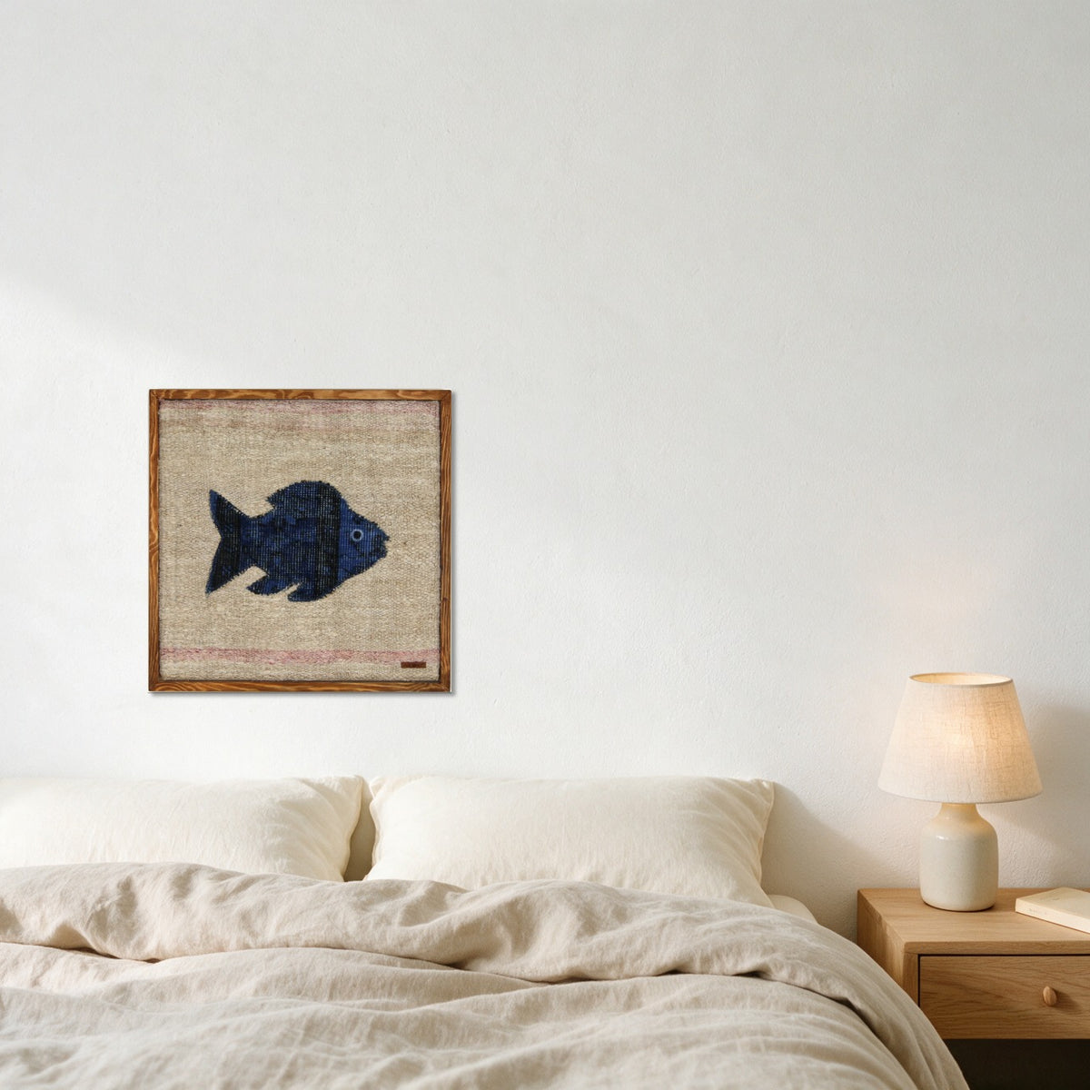 Navy Kilim Fish on Oatmeal & Rose woven wall art in a second styled room setting, for scale - WA-FSH-NAV-5050-031