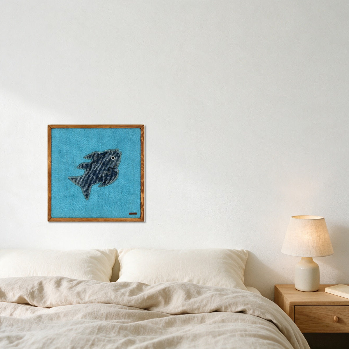Denim Blue Kilim Fish on Turquoise woven wall art shown hanging in a styled room, for scale - WA-FSH-DEN-5050-032