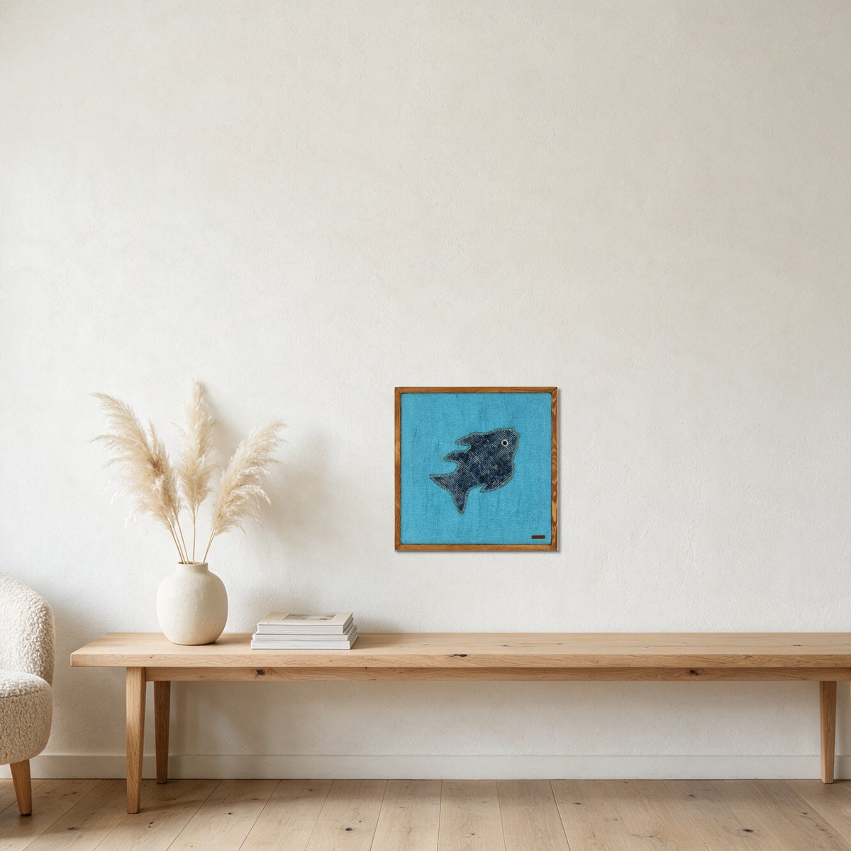 Denim Blue Kilim Fish on Turquoise woven wall art in a second styled room setting, for scale - WA-FSH-DEN-5050-032