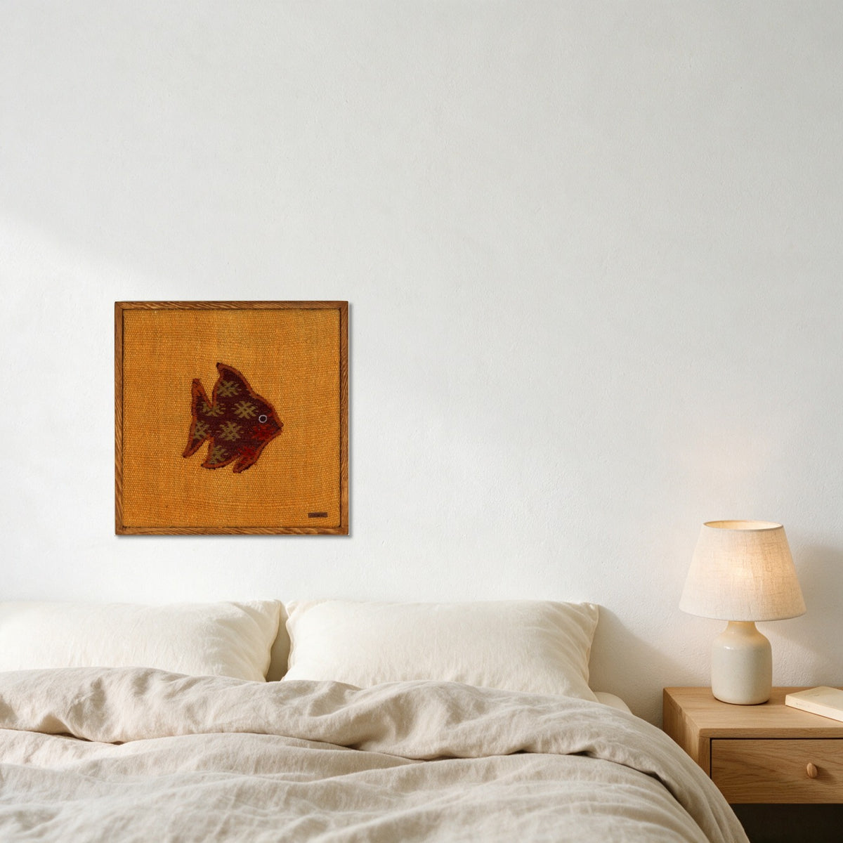 Burgundy & Cream Kilim Fish on Marigold Orange woven wall art in a second styled room setting, for scale - WA-FSH-BUR-5050-033