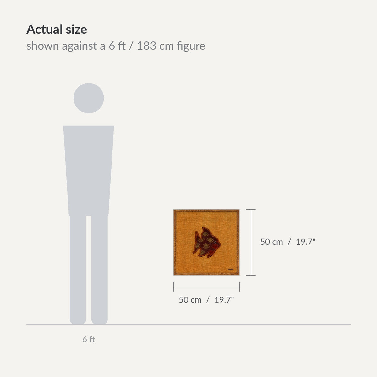 Size guide: 20" x 20" shown against a 6 ft / 183 cm figure - WA-FSH-BUR-5050-033
