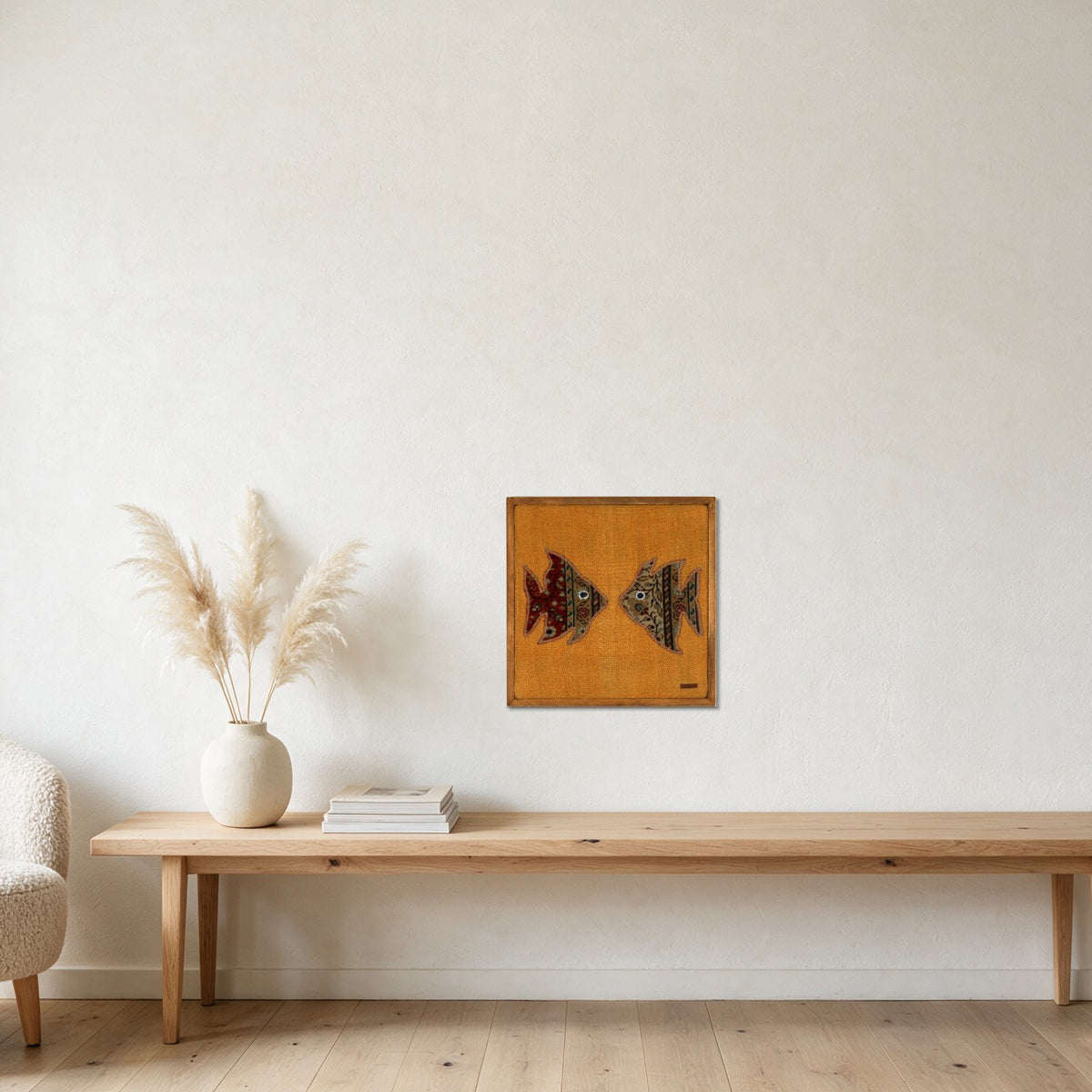 Red & Olive Kilim Fish on Marigold Orange woven wall art in a second styled room setting, for scale - WA-FSP-RED-5050-034