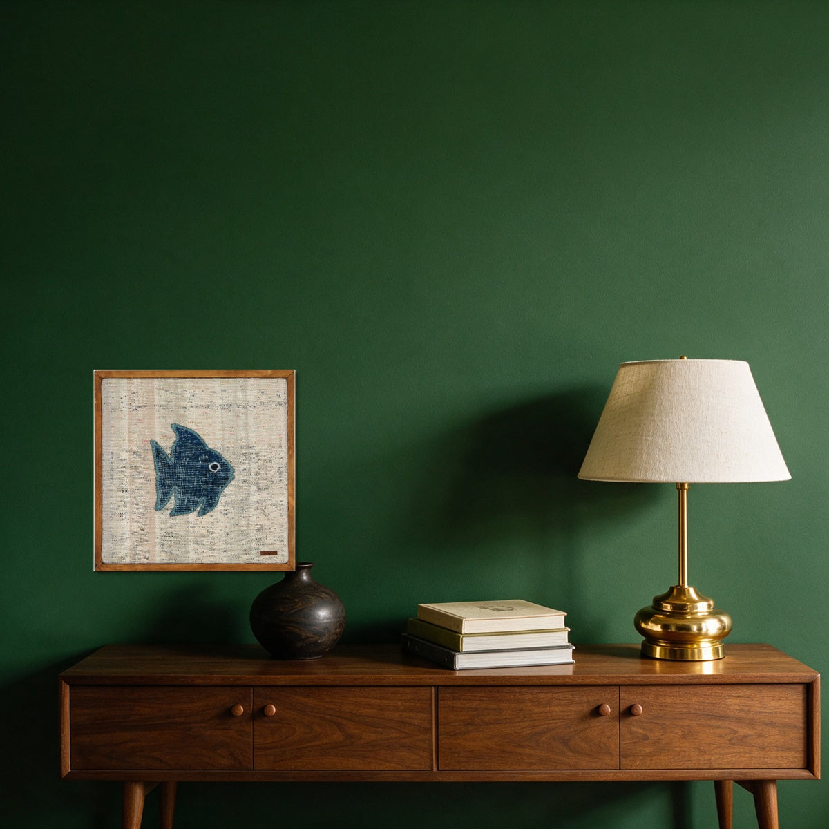 Teal Kilim Fish on Cream & Blush Stripe woven wall art in a second styled room setting, for scale - WA-FSH-TEA-5050-037