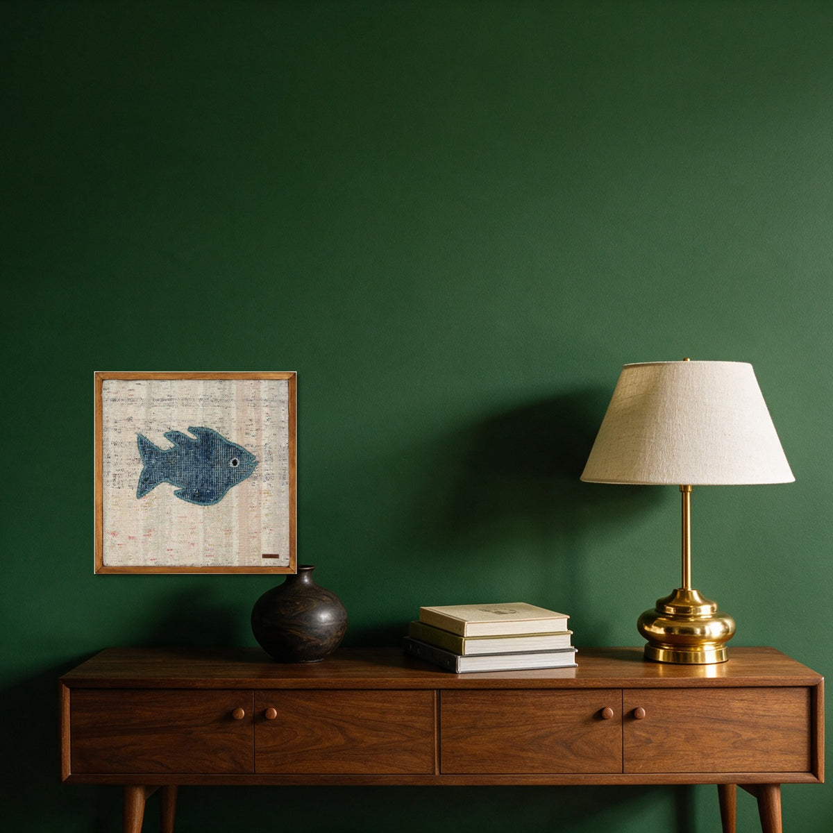Teal Kilim Fish on Cream & Blush Stripe woven wall art in a second styled room setting, for scale - WA-FSH-TEA-5050-039