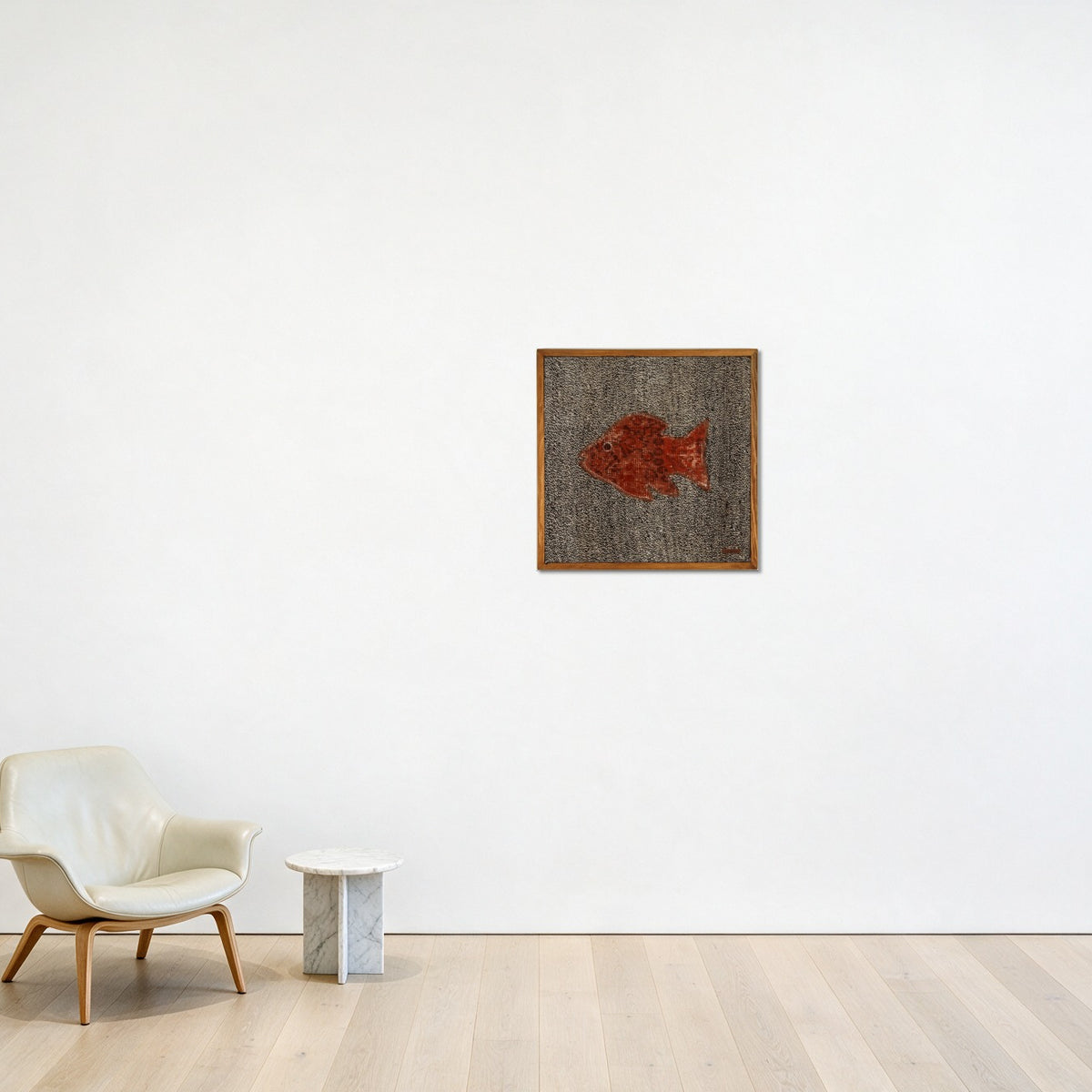 Orange Red Kilim Fish on Charcoal Fleck woven wall art in a second styled room setting, for scale - WA-FSH-ORA-5050-040