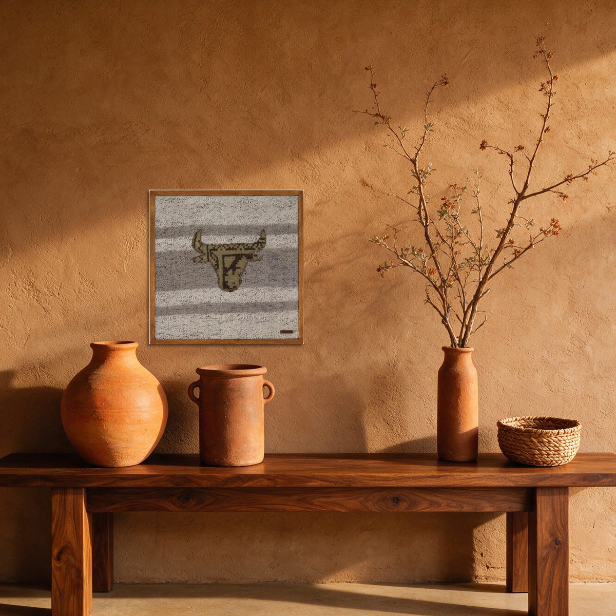 Olive & Charcoal Kilim Bull on Grey Stripe woven wall art in a second styled room setting, for scale - WA-BUL-OLI-5050-042