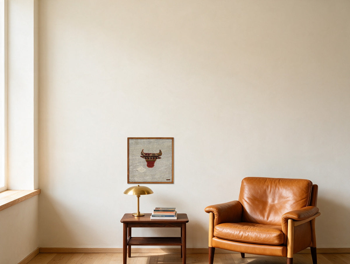 Tan & Red Kilim Bull on Pale Grey woven wall art in a second styled room setting, for scale - WA-BUL-TAN-5050-043