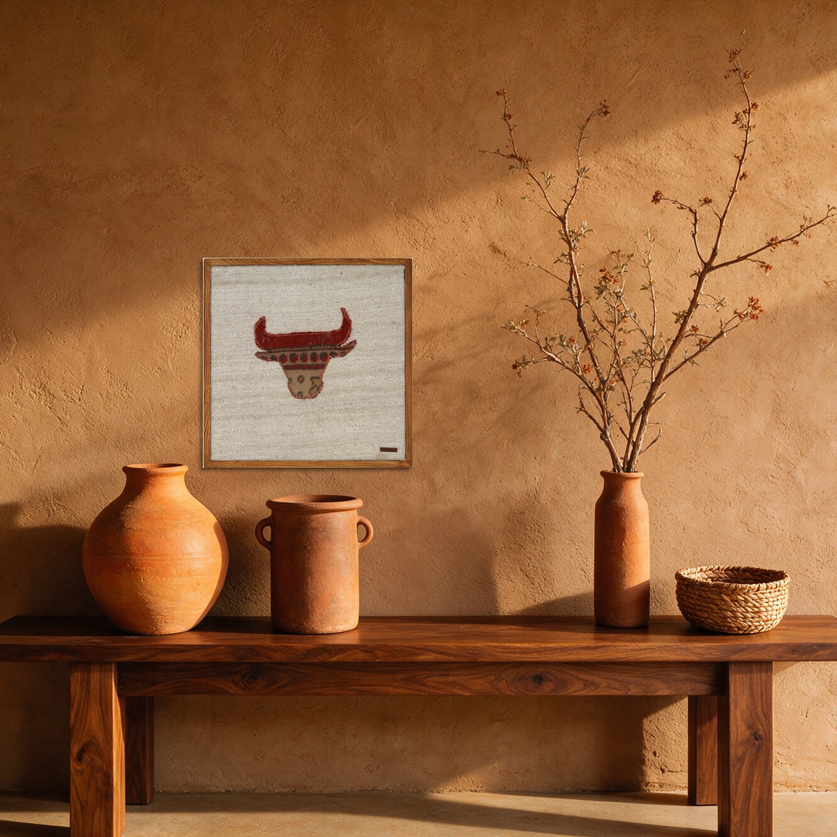 Red & Tan Kilim Bull on Cream woven wall art in a second styled room setting, for scale - WA-BUL-RED-5050-044