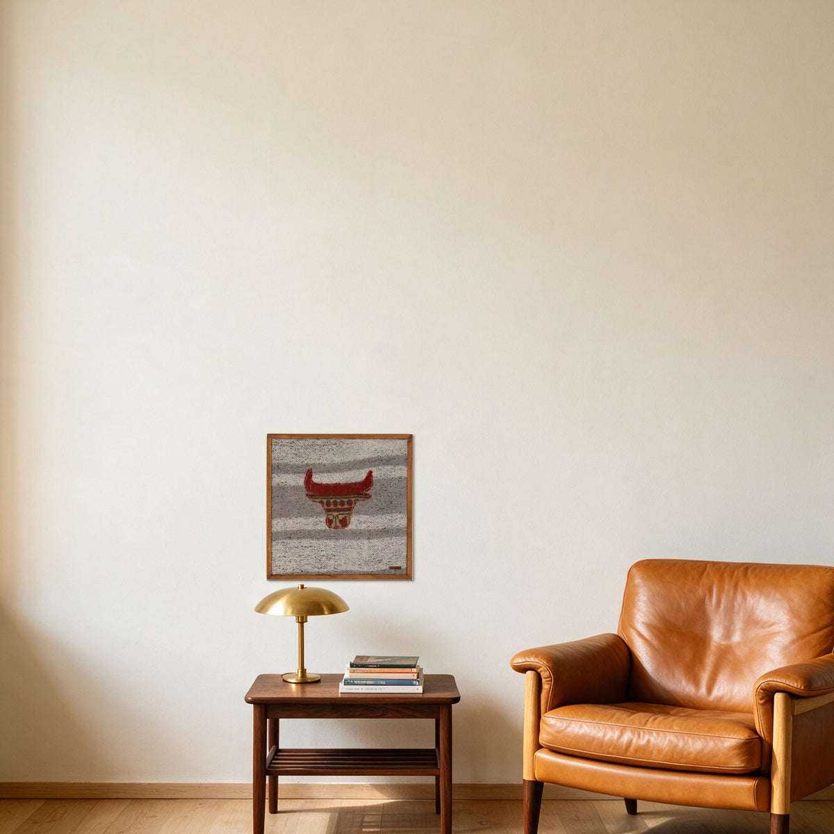 Red & Tan Kilim Bull on Grey Band woven wall art in a second styled room setting, for scale - WA-BUL-RED-5050-045