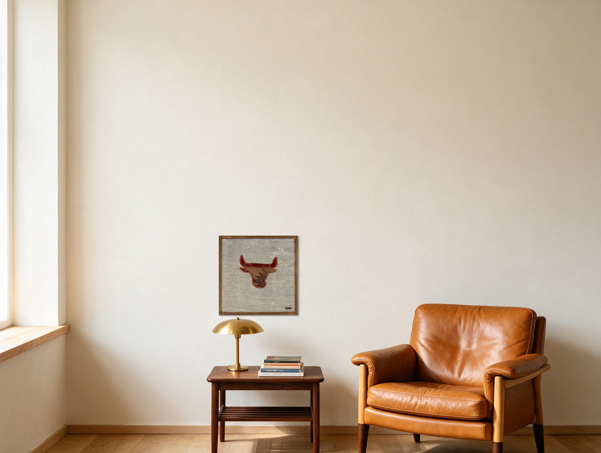 Red & Tan Kilim Bull on Pale Grey woven wall art shown hanging in a styled room, for scale - WA-BUL-RED-5050-046