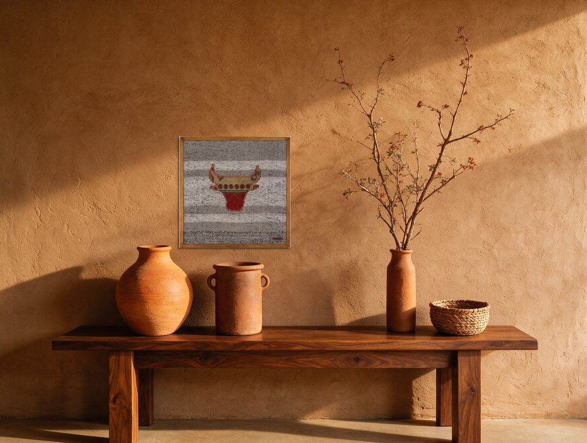 Tan & Red Kilim Bull on Grey Band woven wall art shown hanging in a styled room, for scale - WA-BUL-TAN-5050-049