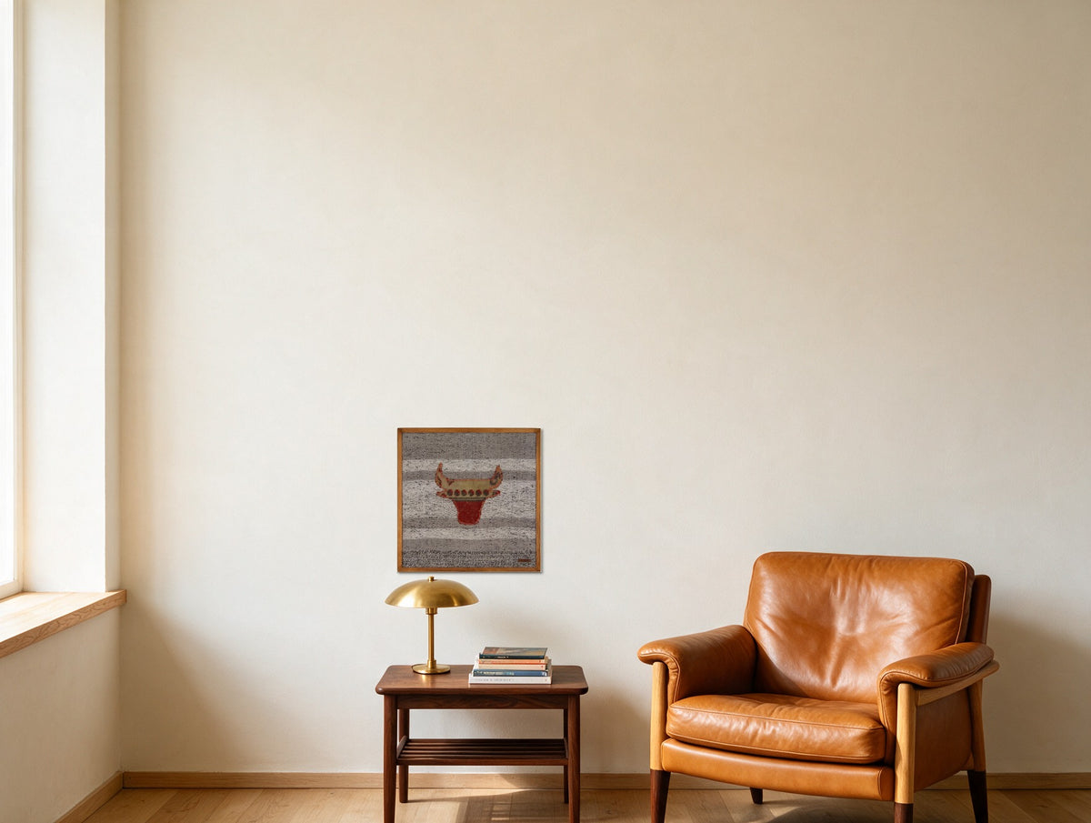 Tan & Red Kilim Bull on Grey Band woven wall art in a second styled room setting, for scale - WA-BUL-TAN-5050-049