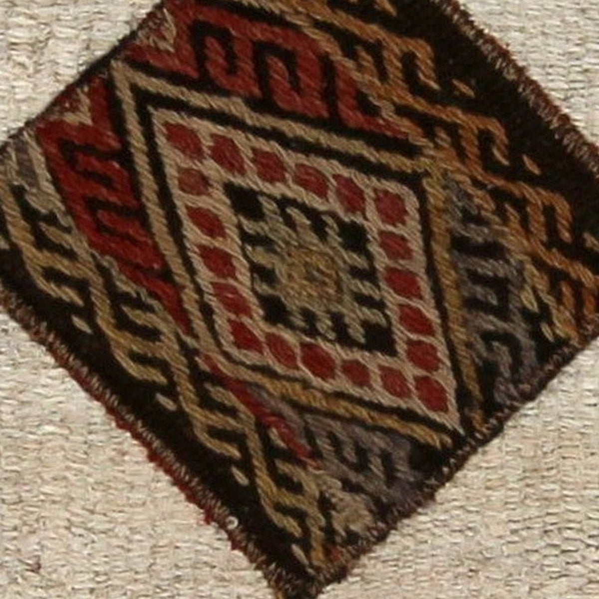 Close-up of the handwoven kilim weave - Red, Gold & Black Kilim Medallion on Cream - WA-MED-RED-5050-051 - Arconiz